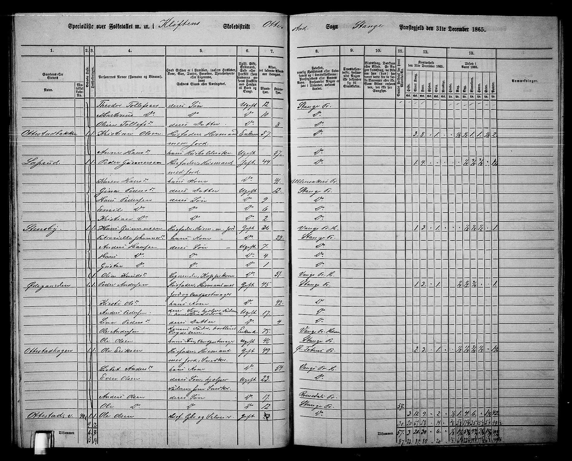 RA, 1865 census for Stange, 1865, p. 50