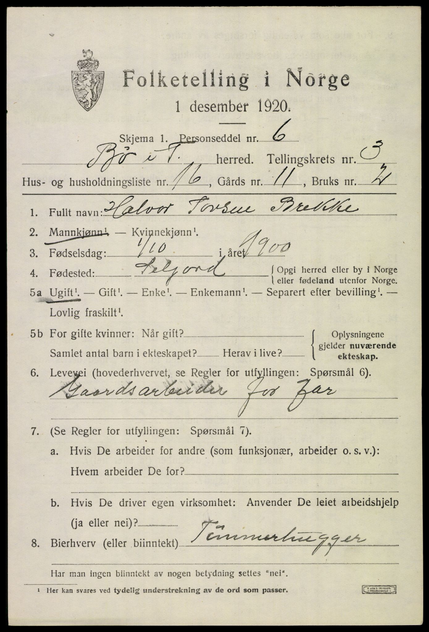 SAKO, 1920 census for Bø (Telemark), 1920, p. 2828