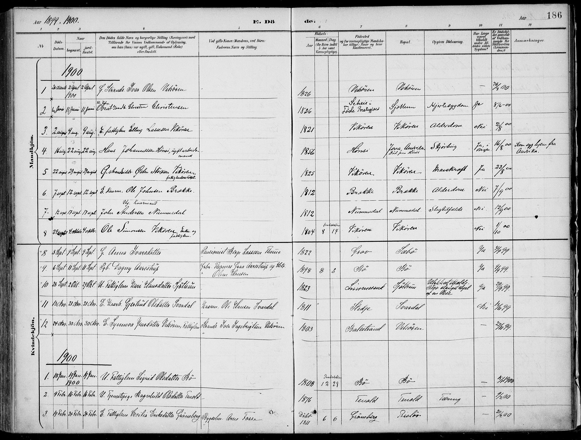 Vik sokneprestembete, AV/SAB-A-81501/H/Haa/Haab/L0002: Parish register (official) no. B  2, 1891-1907, p. 186