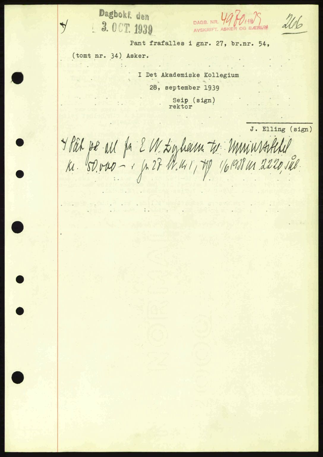 Aker herredsskriveri, AV/SAO-A-10896/G/Gb/Gbb/Gbbc/L0006: Mortgage book no. B62-63, 1939-1939, Diary no: : 4970/1939