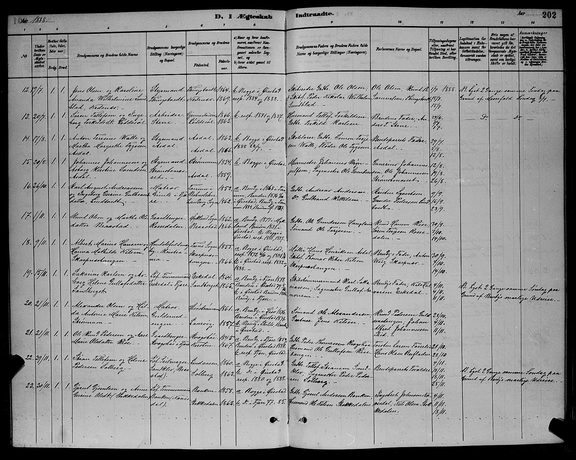 Øyestad sokneprestkontor, AV/SAK-1111-0049/F/Fb/L0009: Parish register (copy) no. B 9, 1886-1896, p. 202