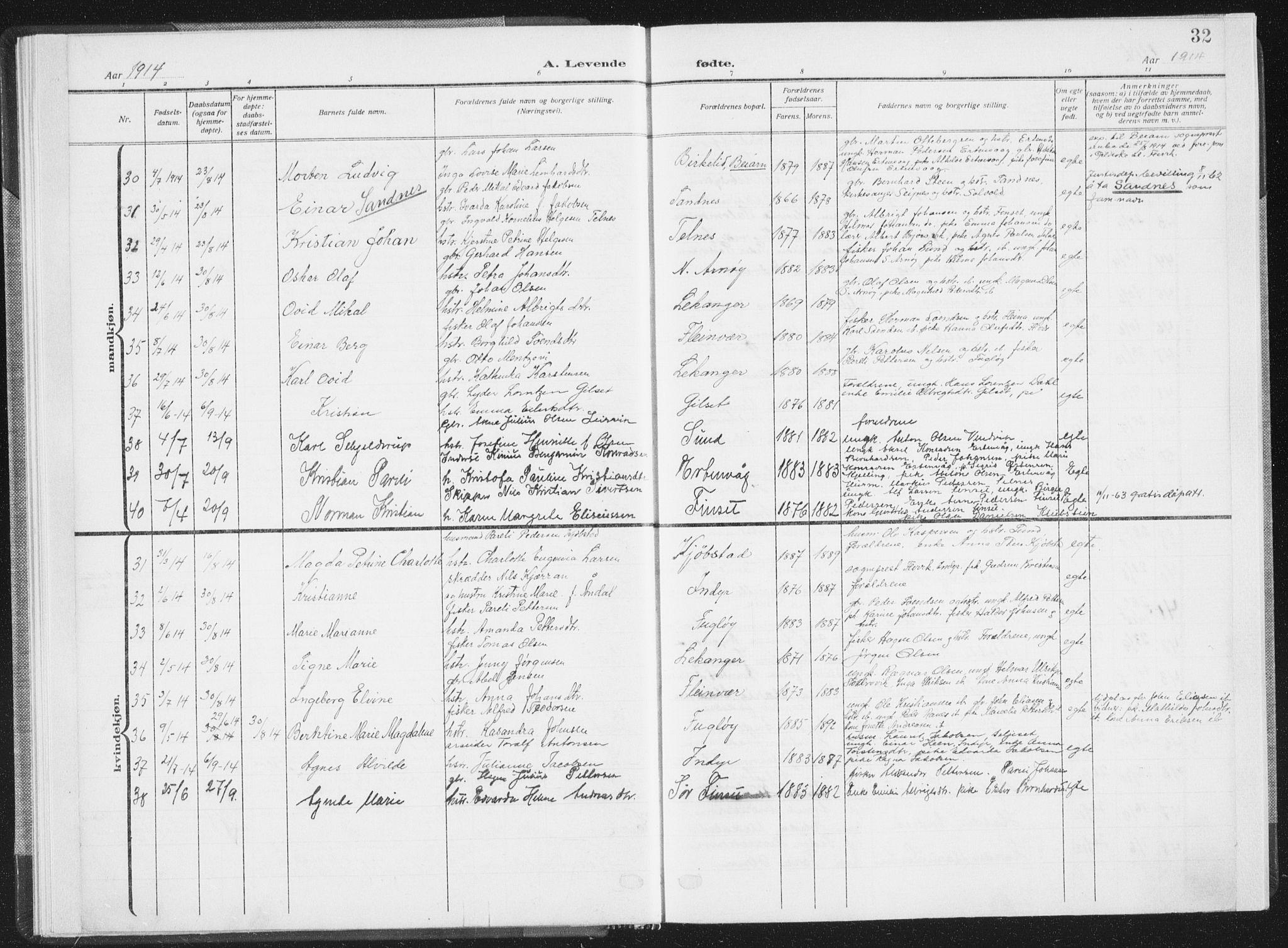 Ministerialprotokoller, klokkerbøker og fødselsregistre - Nordland, SAT/A-1459/805/L0104: Parish register (official) no. 805A09, 1909-1926, p. 32