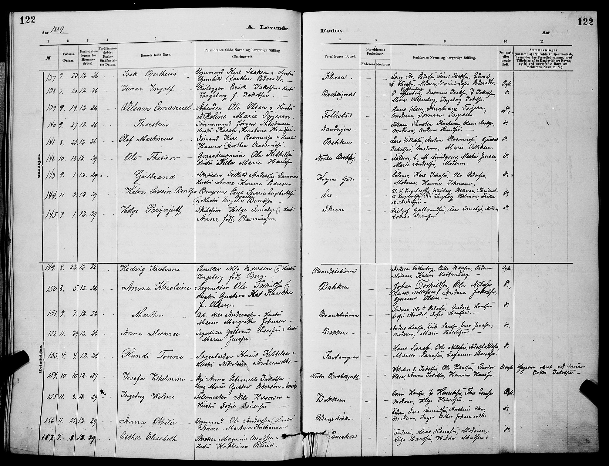 Skien kirkebøker, SAKO/A-302/G/Ga/L0006: Parish register (copy) no. 6, 1881-1890, p. 122