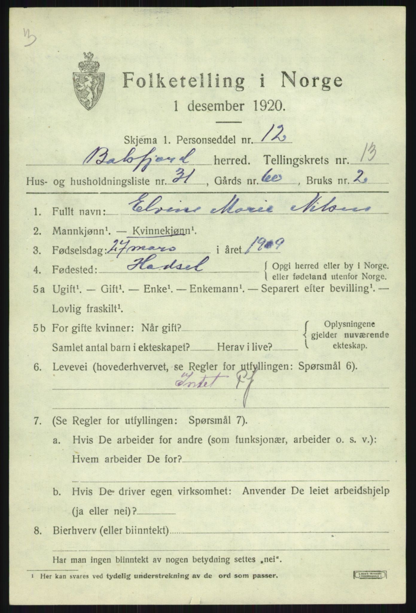 SATØ, 1920 census for Balsfjord, 1920, p. 8011