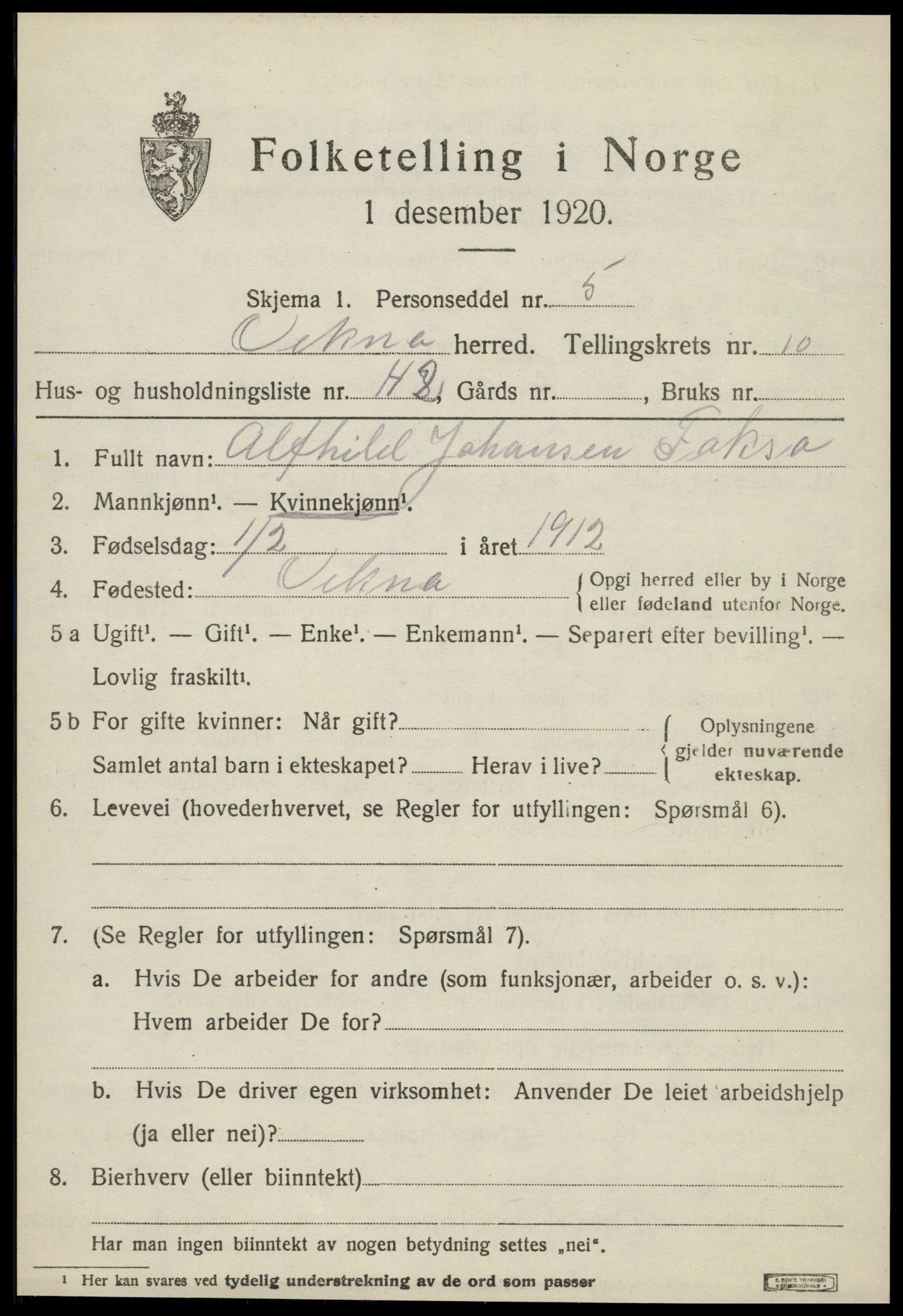 SAT, 1920 census for Vikna, 1920, p. 7335