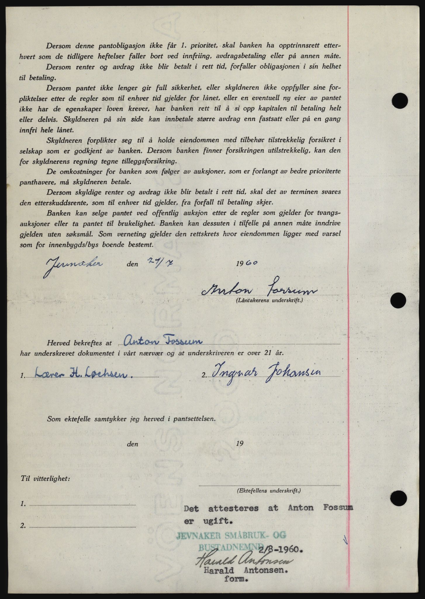 Hadeland og Land tingrett, SAH/TING-010/H/Hb/Hbc/L0043: Mortgage book no. B43, 1960-1960, Diary no: : 2832/1960