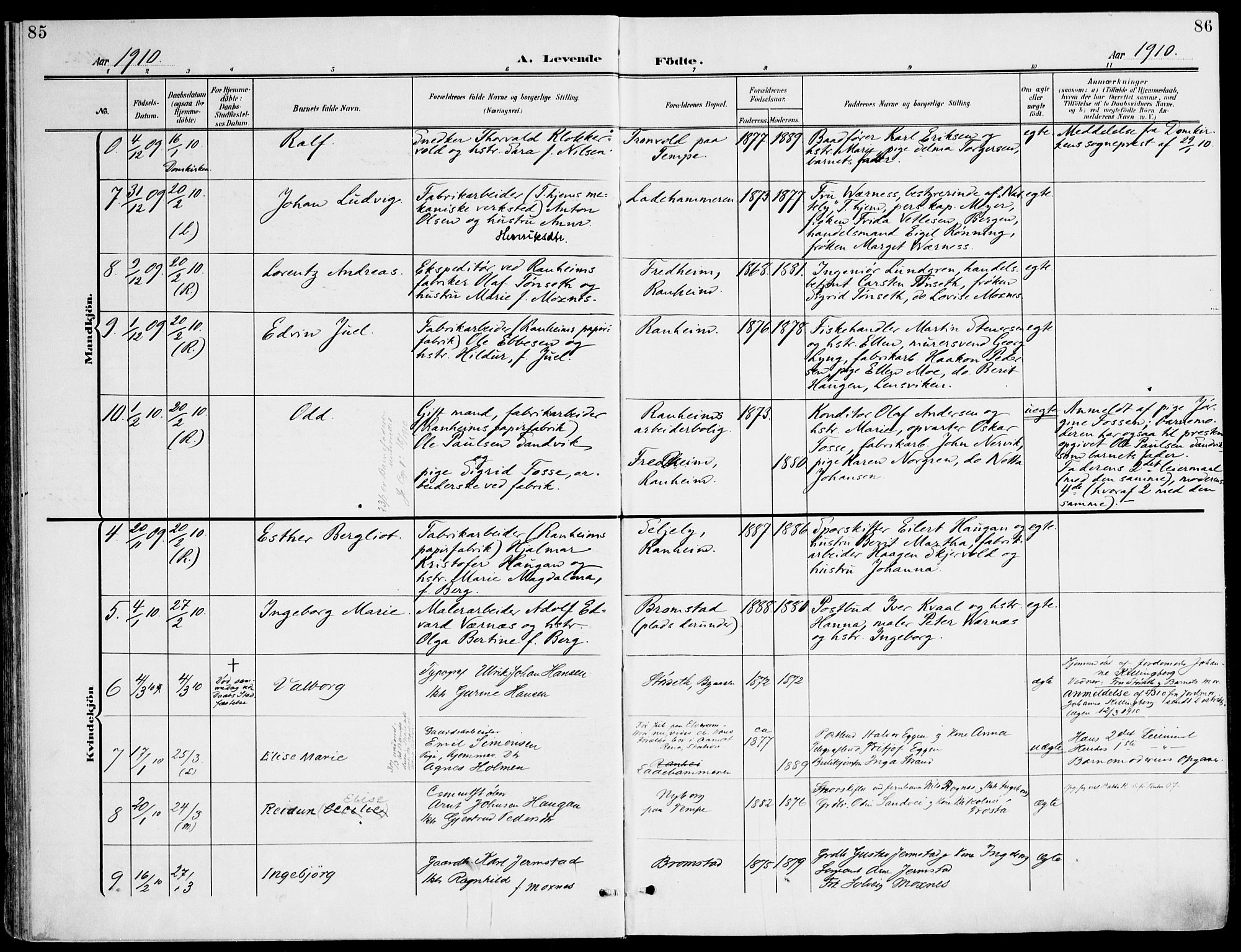 Ministerialprotokoller, klokkerbøker og fødselsregistre - Sør-Trøndelag, AV/SAT-A-1456/607/L0320: Parish register (official) no. 607A04, 1907-1915, p. 85-86