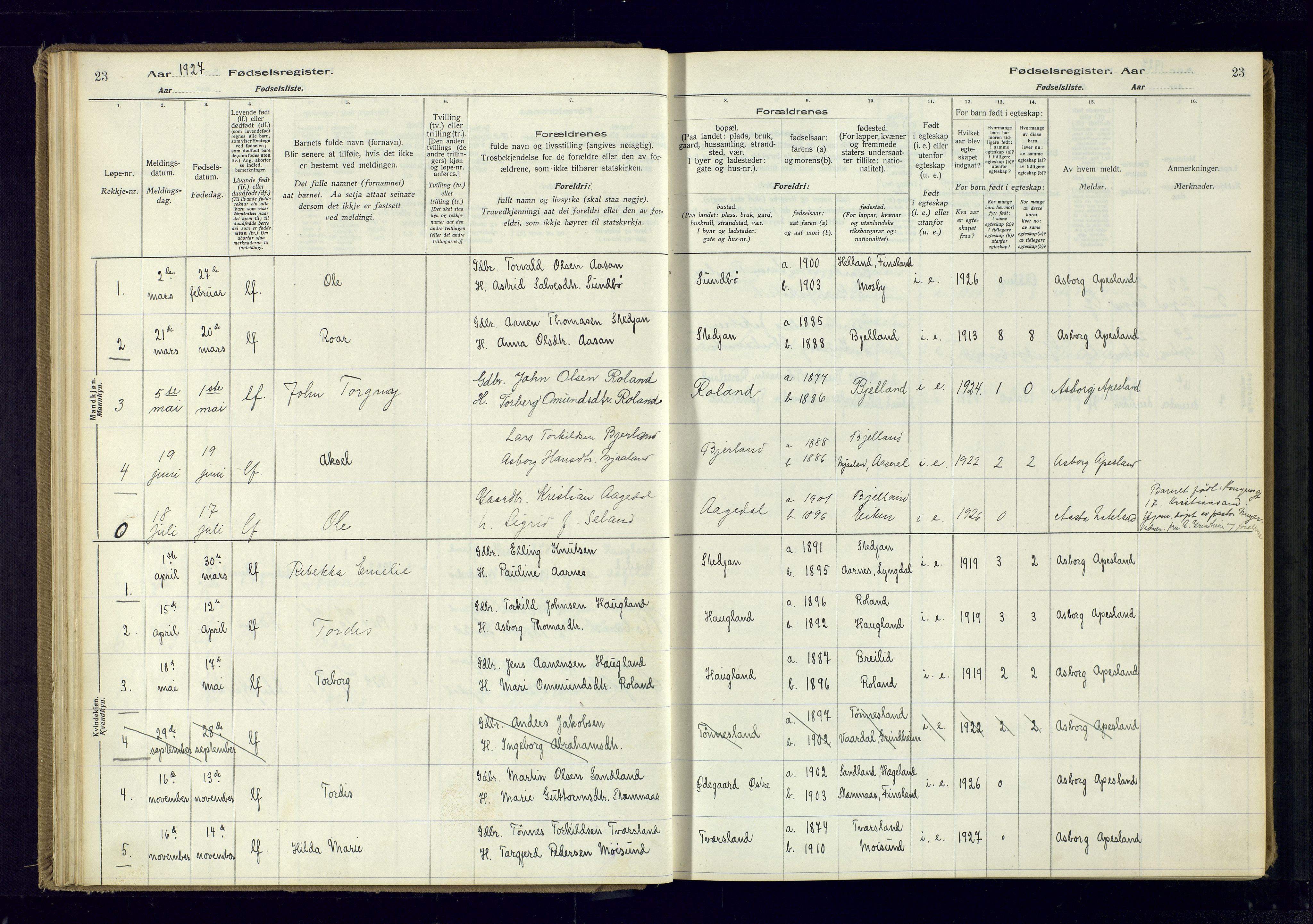 Bjelland sokneprestkontor, SAK/1111-0005/J/Ja/L0001: Birth register no. II.4.2, 1916-1982, p. 23