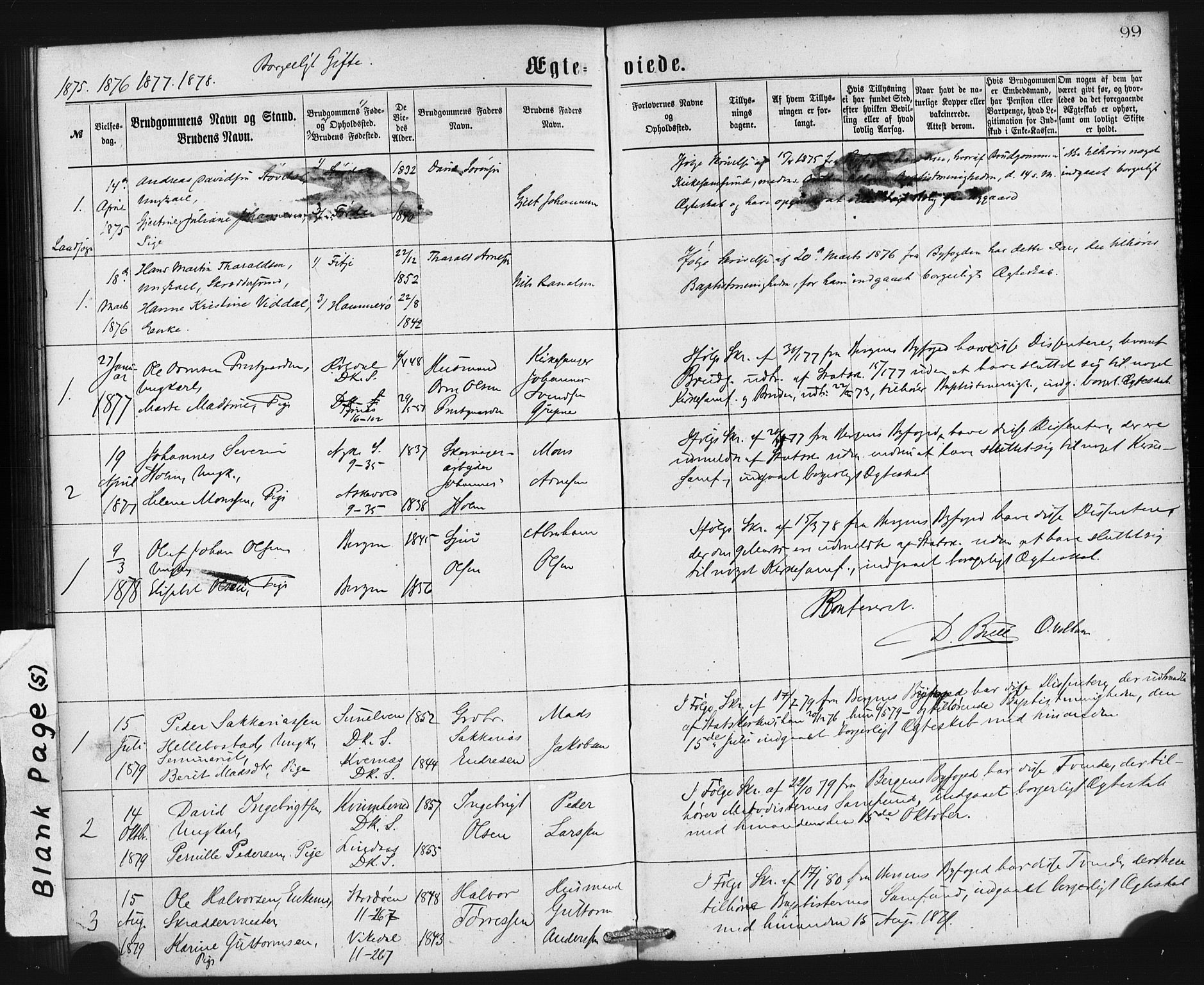 Domkirken sokneprestembete, SAB/A-74801/H/Haa/L0036: Parish register (official) no. D 3, 1875-1880, p. 99