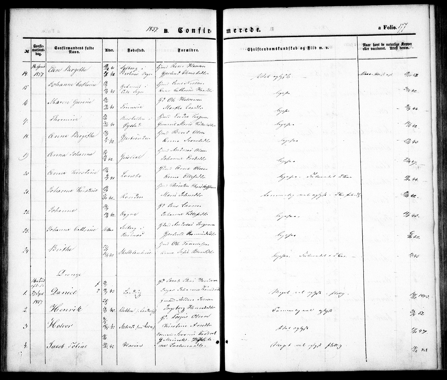 Hommedal sokneprestkontor, AV/SAK-1111-0023/F/Fa/Fab/L0004: Parish register (official) no. A 4, 1848-1860, p. 177