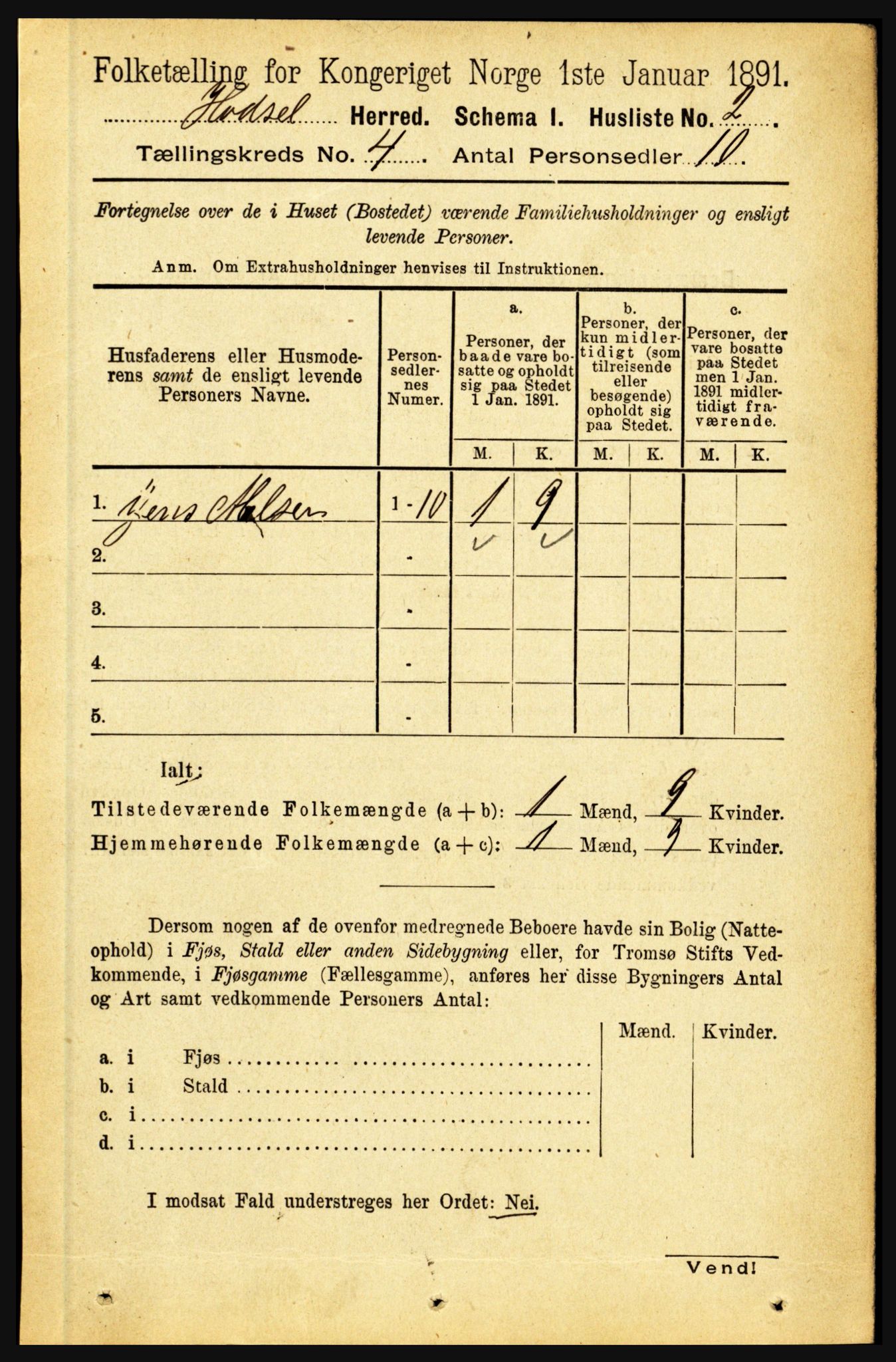 RA, 1891 census for 1866 Hadsel, 1891, p. 1656