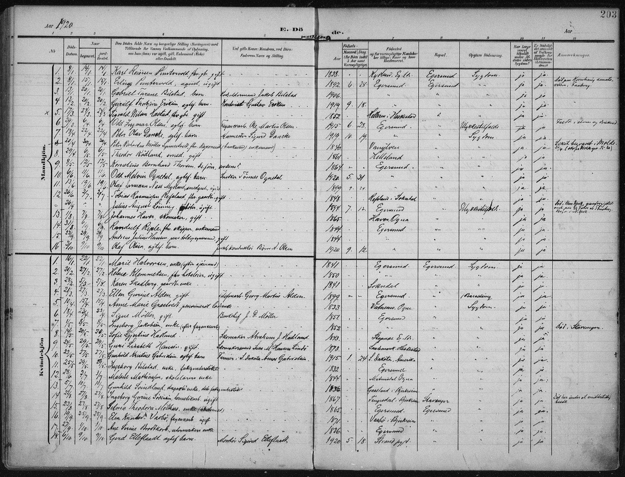 Eigersund sokneprestkontor, AV/SAST-A-101807/S08/L0022: Parish register (official) no. A 21, 1905-1928, p. 203