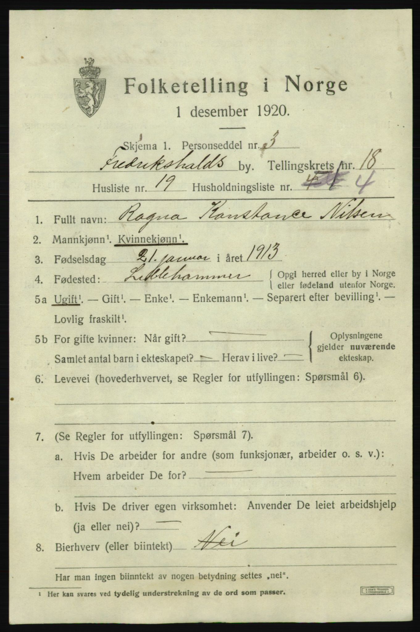 SAO, 1920 census for Fredrikshald, 1920, p. 27639