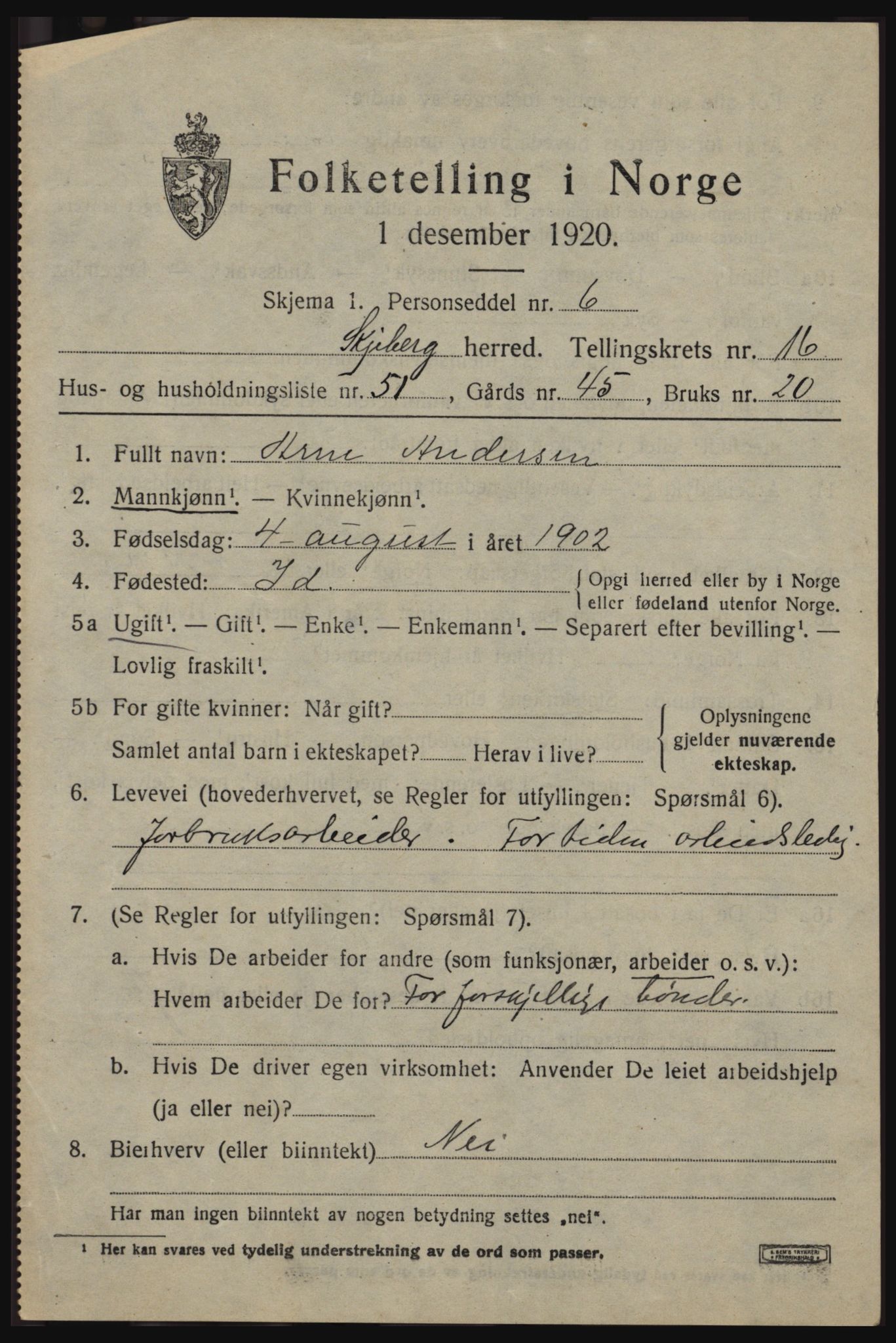 SAO, 1920 census for Skjeberg, 1920, p. 15597