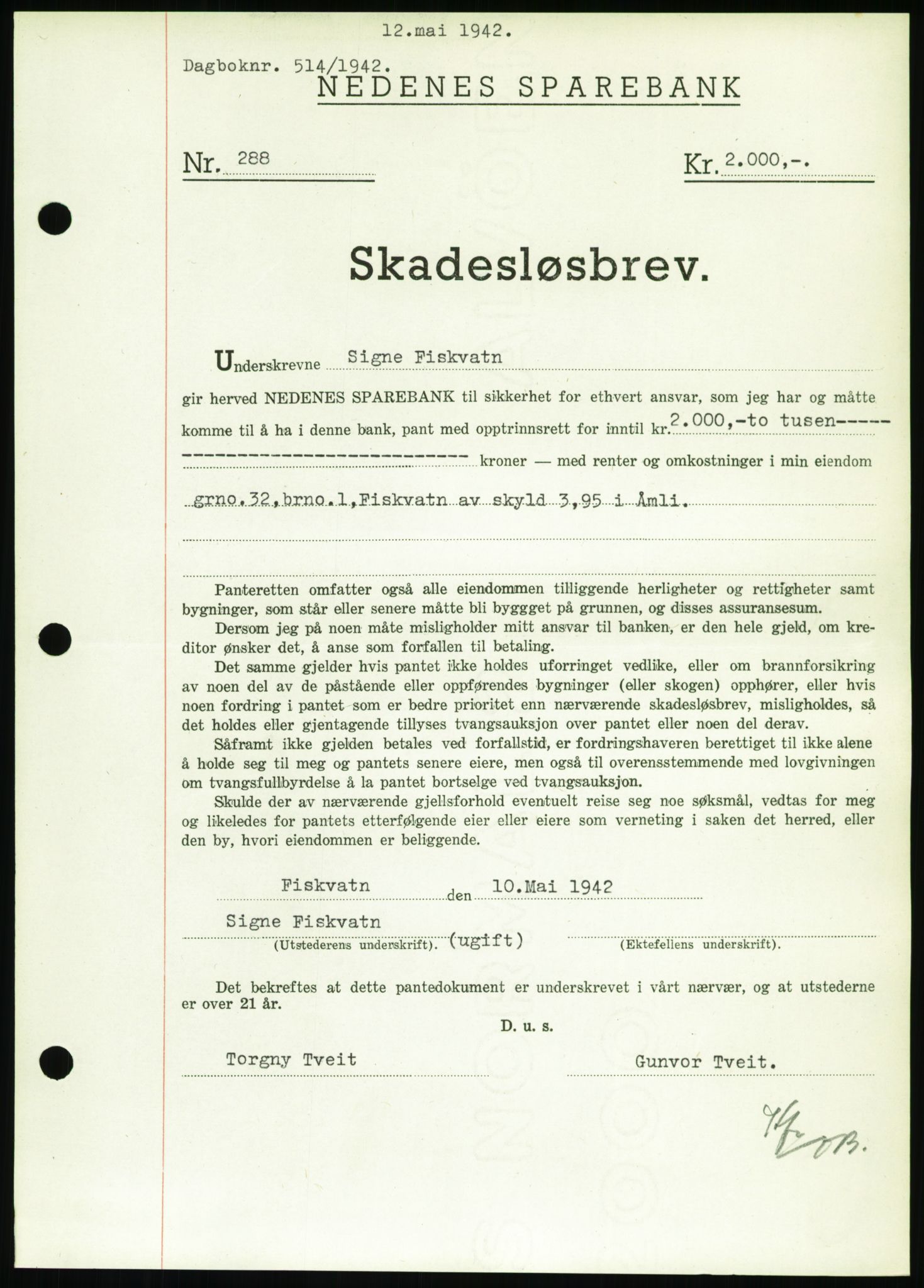 Nedenes sorenskriveri, AV/SAK-1221-0006/G/Gb/Gbb/L0002: Mortgage book no. II, 1942-1945, Diary no: : 514/1942