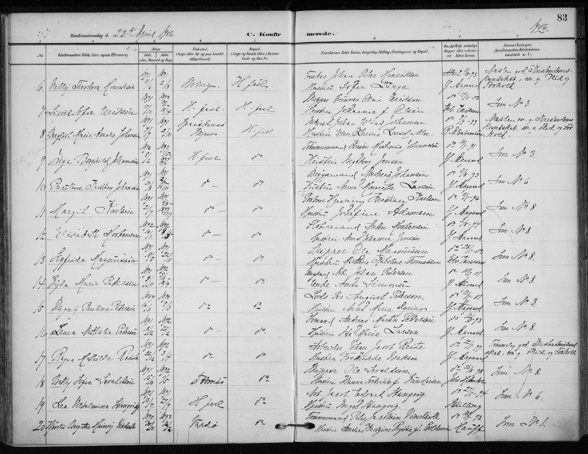 Hammerfest sokneprestkontor, SATØ/S-1347/H/Ha/L0014.kirke: Parish register (official) no. 14, 1906-1916, p. 83