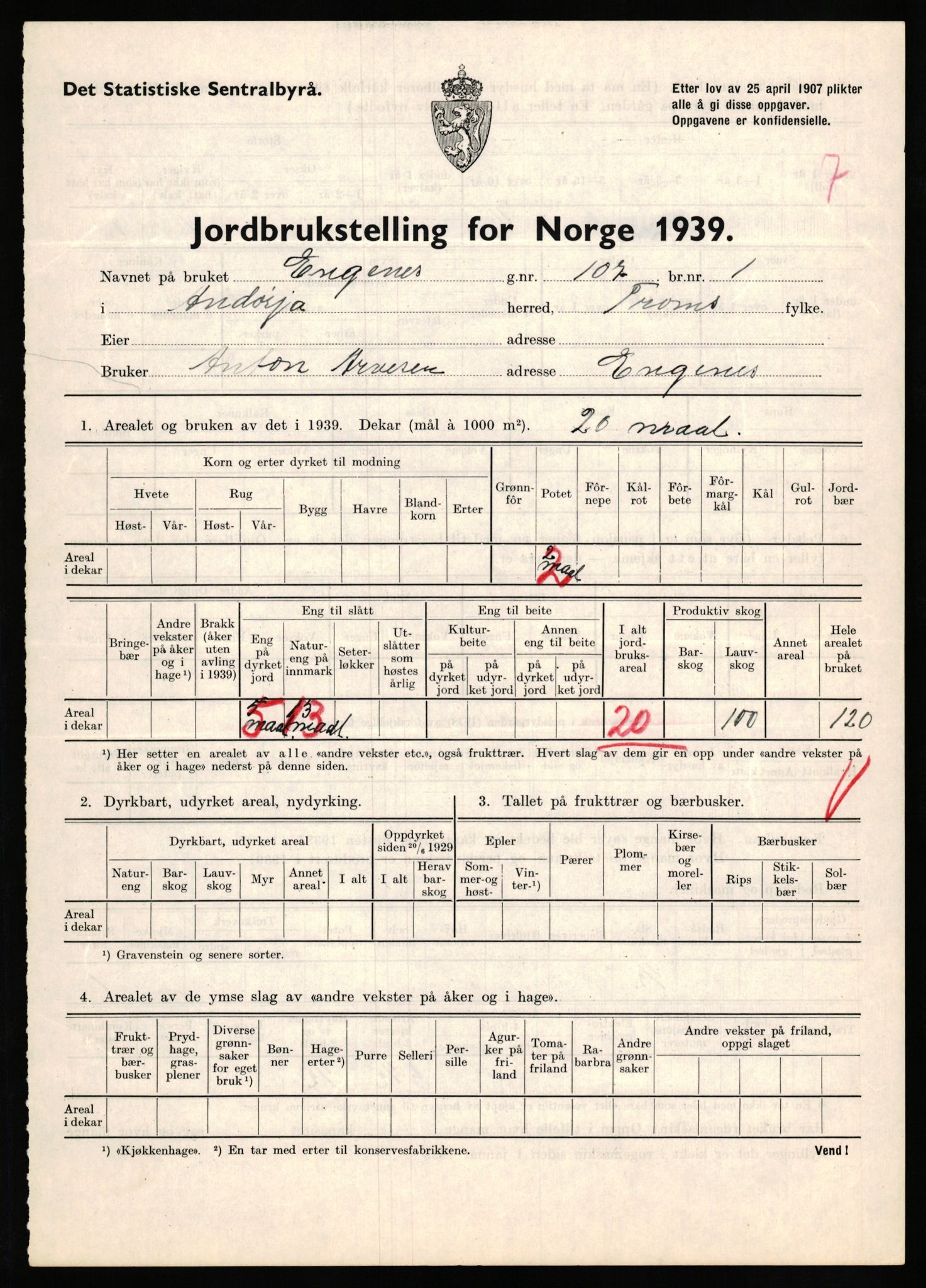 Statistisk sentralbyrå, Næringsøkonomiske emner, Jordbruk, skogbruk, jakt, fiske og fangst, AV/RA-S-2234/G/Gb/L0339: Troms: Andørja, Astafjord og Lavangen, 1939, p. 632