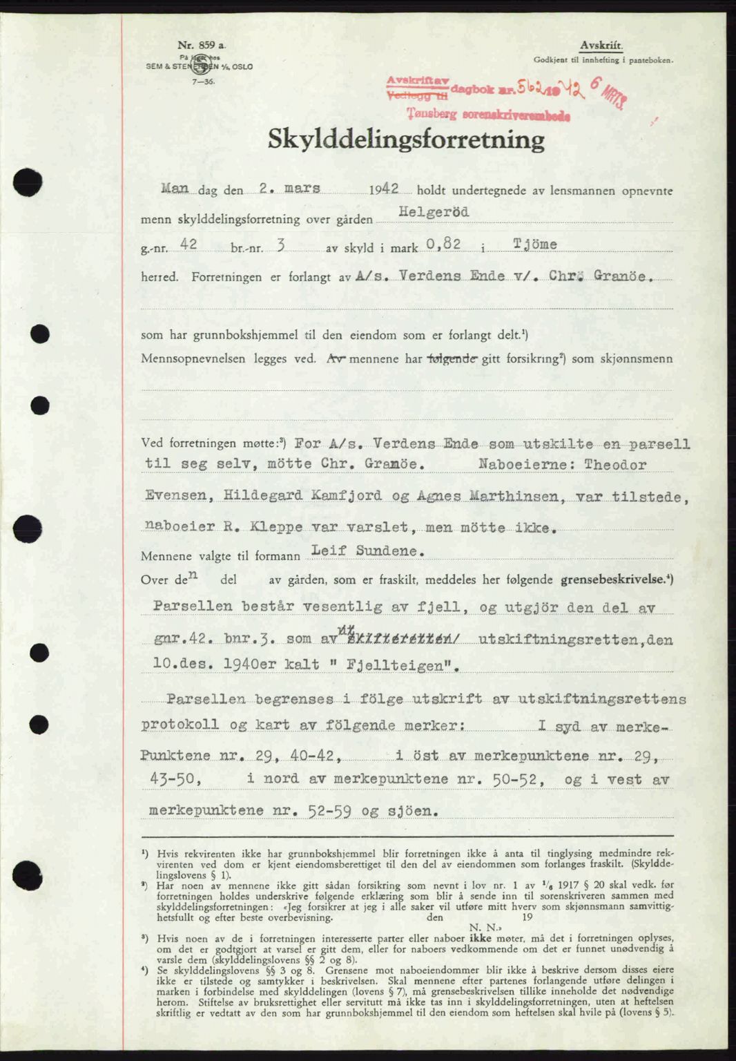 Tønsberg sorenskriveri, AV/SAKO-A-130/G/Ga/Gaa/L0011: Mortgage book no. A11, 1941-1942, Diary no: : 562/1942