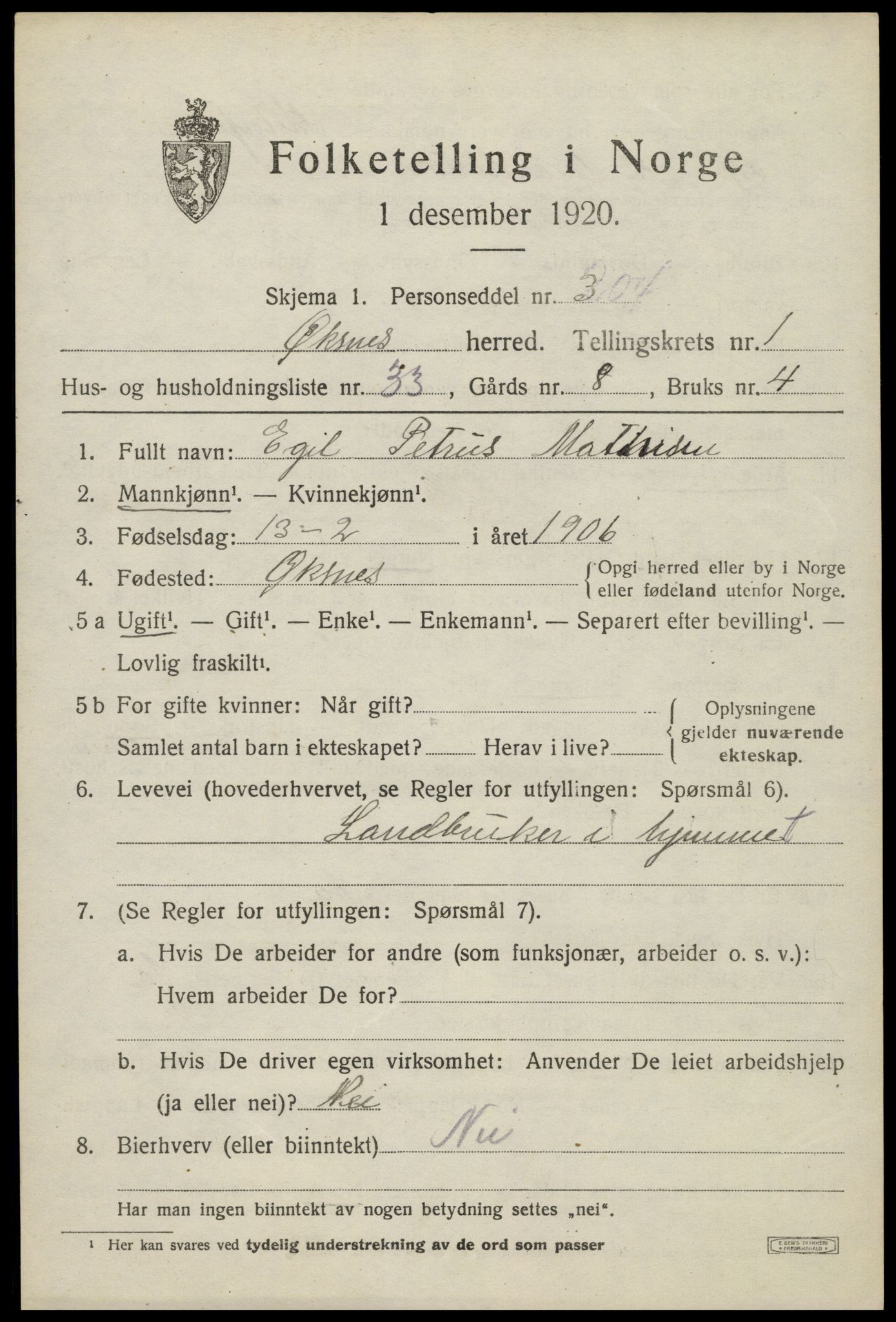 SAT, 1920 census for Øksnes, 1920, p. 1152