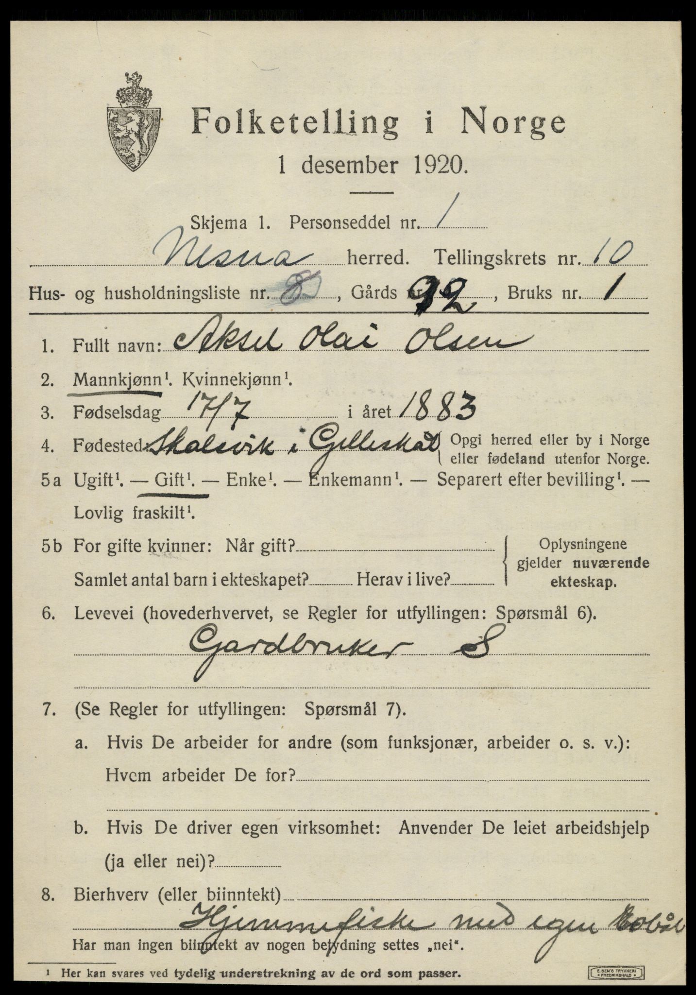SAT, 1920 census for Nesna, 1920, p. 8045