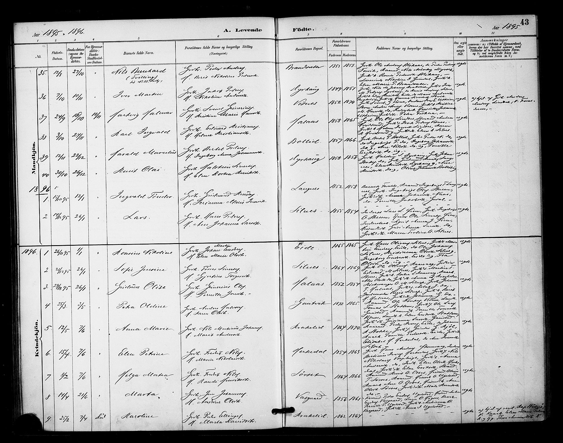 Ministerialprotokoller, klokkerbøker og fødselsregistre - Møre og Romsdal, AV/SAT-A-1454/571/L0836: Parish register (official) no. 571A01, 1884-1899, p. 43