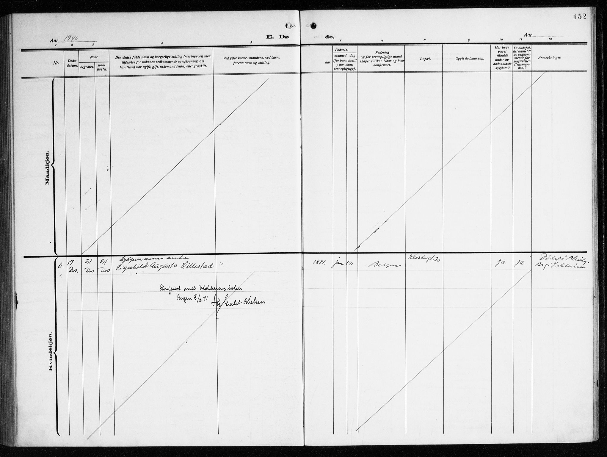 Nykirken Sokneprestembete, AV/SAB-A-77101/H/Haa/L0046: Parish register (official) no. E 6, 1918-1944, p. 152