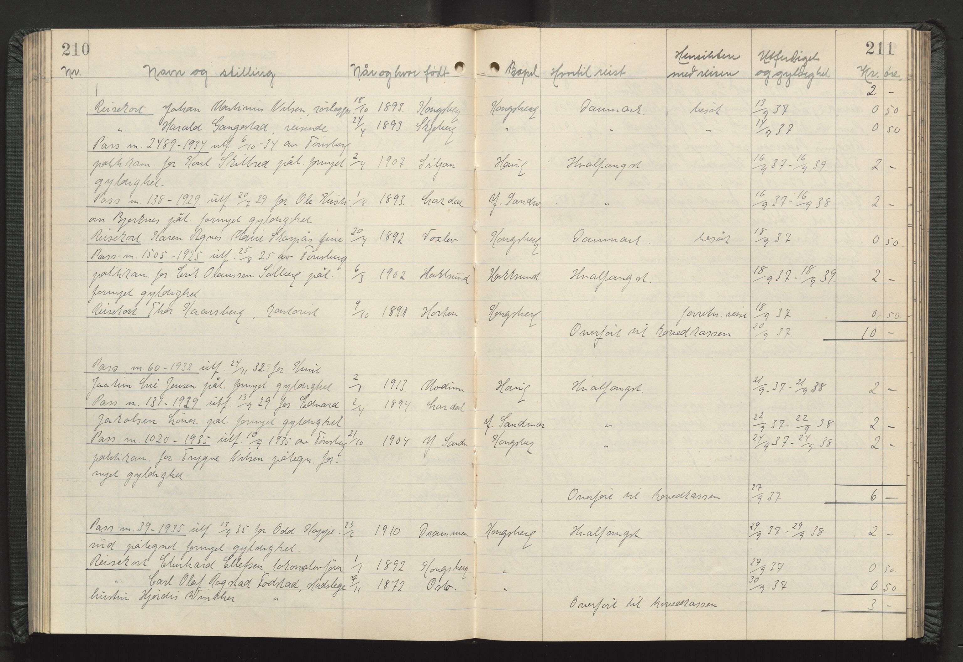 Kongsberg politikammer, AV/SAKO-A-624/I/Ib/Iba/L0004: Passprotokoll, 1927-1946, p. 210-211