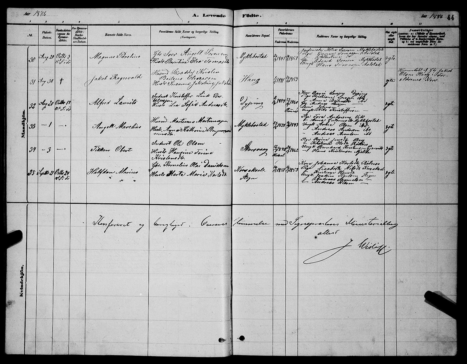 Ministerialprotokoller, klokkerbøker og fødselsregistre - Nordland, AV/SAT-A-1459/855/L0816: Parish register (copy) no. 855C05, 1879-1894, p. 44