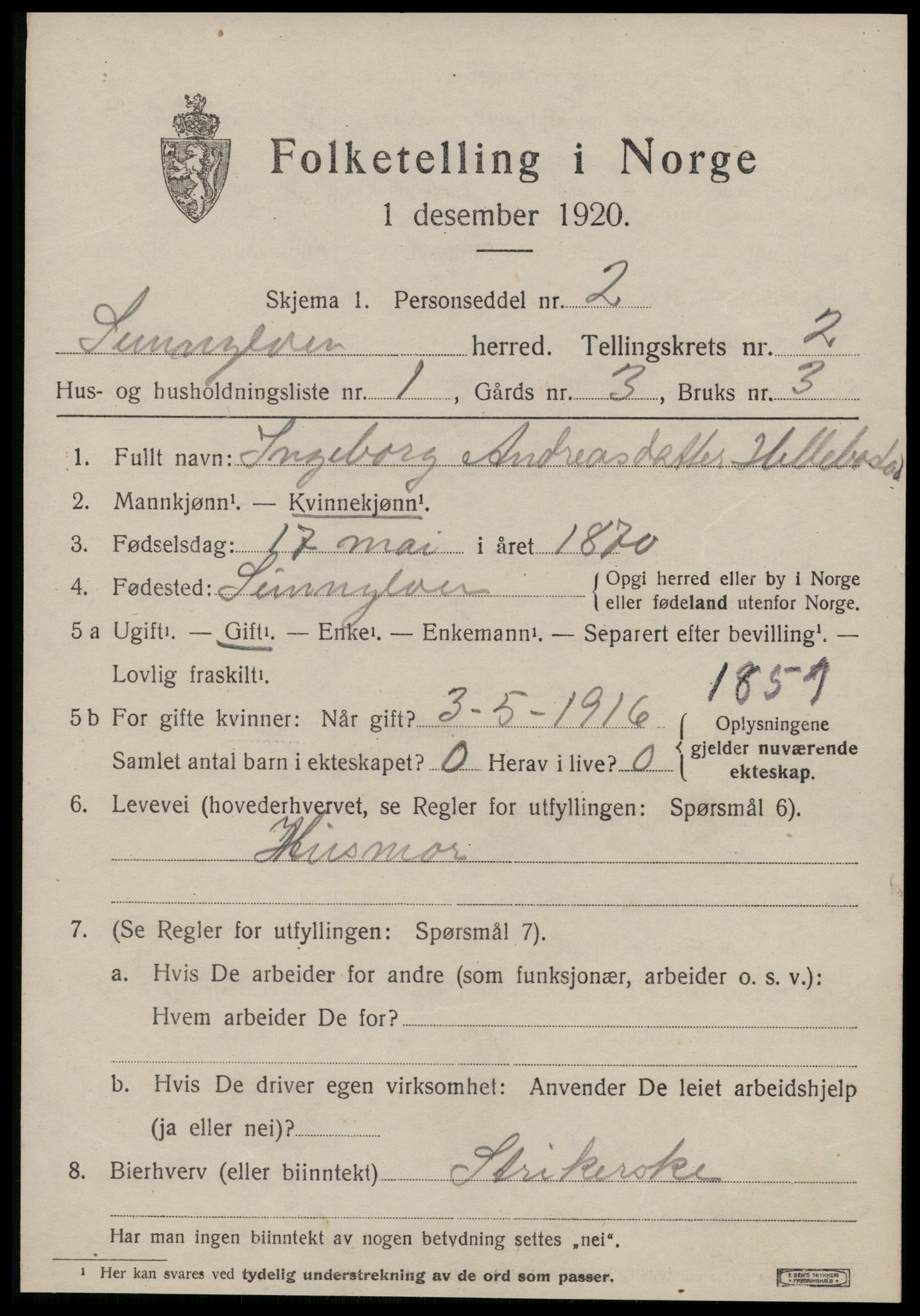 SAT, 1920 census for Sunnylven, 1920, p. 1310