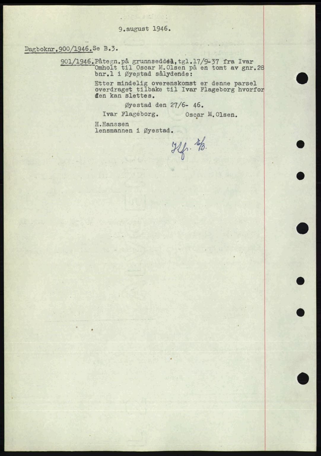Nedenes sorenskriveri, SAK/1221-0006/G/Gb/Gba/L0055: Mortgage book no. A7, 1946-1946, Diary no: : 900/1946