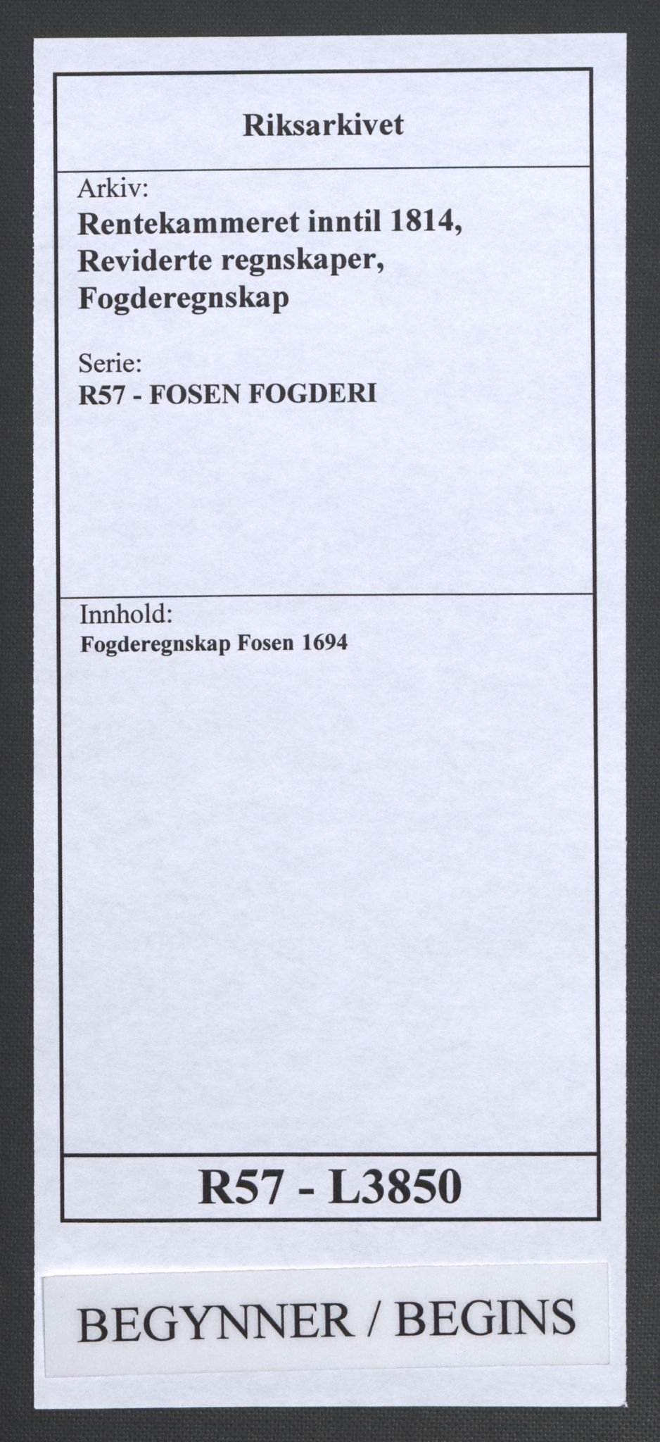 Rentekammeret inntil 1814, Reviderte regnskaper, Fogderegnskap, RA/EA-4092/R57/L3850: Fogderegnskap Fosen, 1694, p. 1