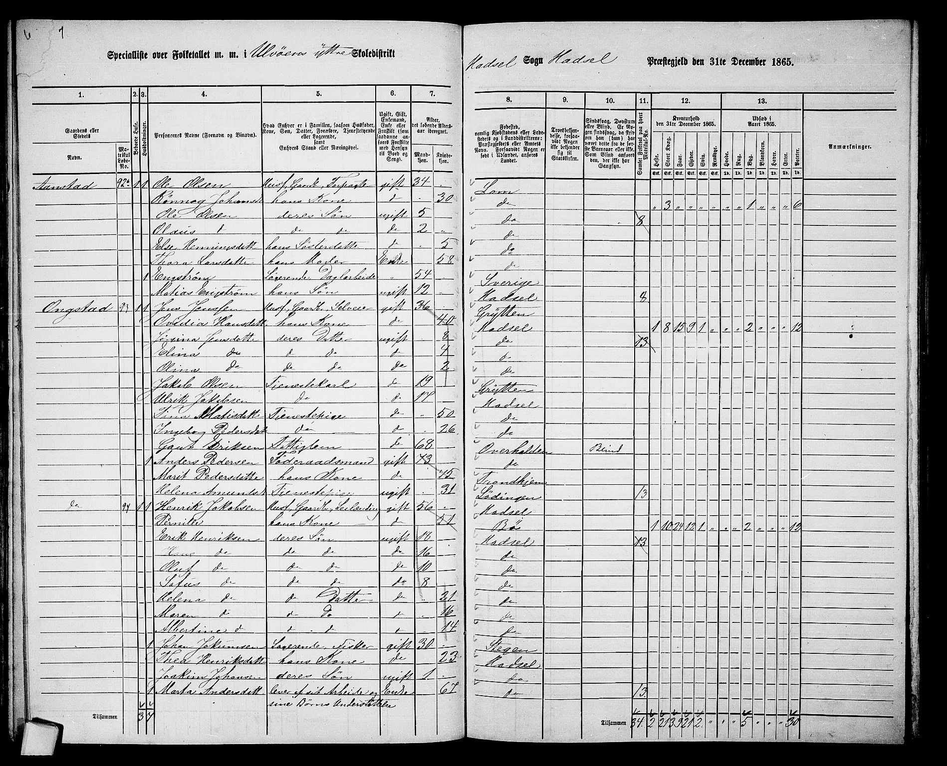 RA, 1865 census for Hadsel, 1865, p. 92