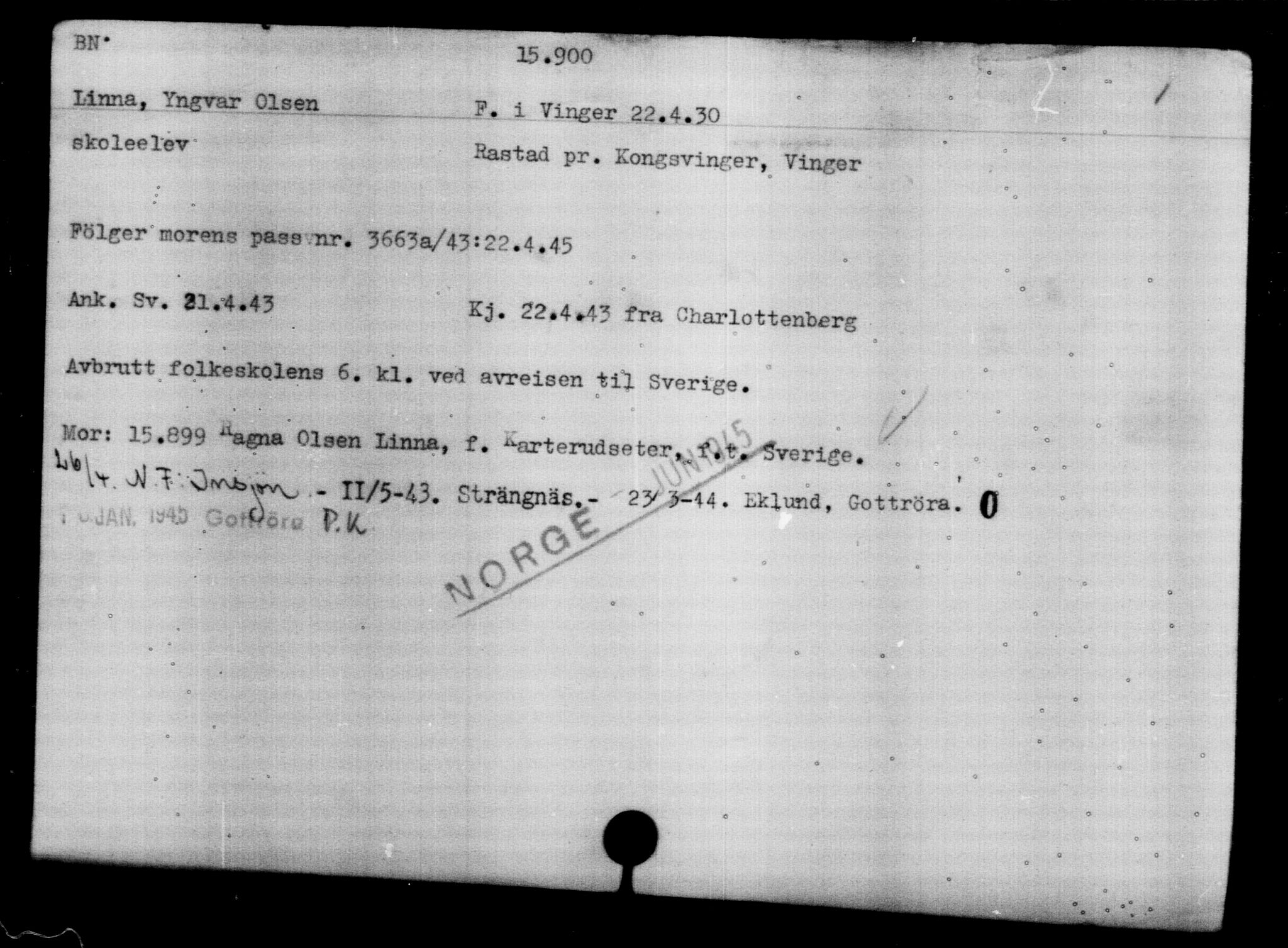 Den Kgl. Norske Legasjons Flyktningskontor, AV/RA-S-6753/V/Va/L0008: Kjesäterkartoteket.  Flyktningenr. 15700-18547, 1940-1945, p. 215