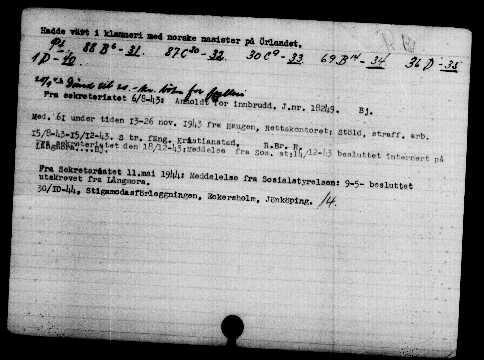 Utenriksstasjonene, Legasjonen i Stockholm, Flyktningkontoret, AV/RA-S-6753/V/Va/L0004: Kjesäterkartoteket, flyktninger med registreringsnr. 3496-6610, 1940-1945, p. 3201
