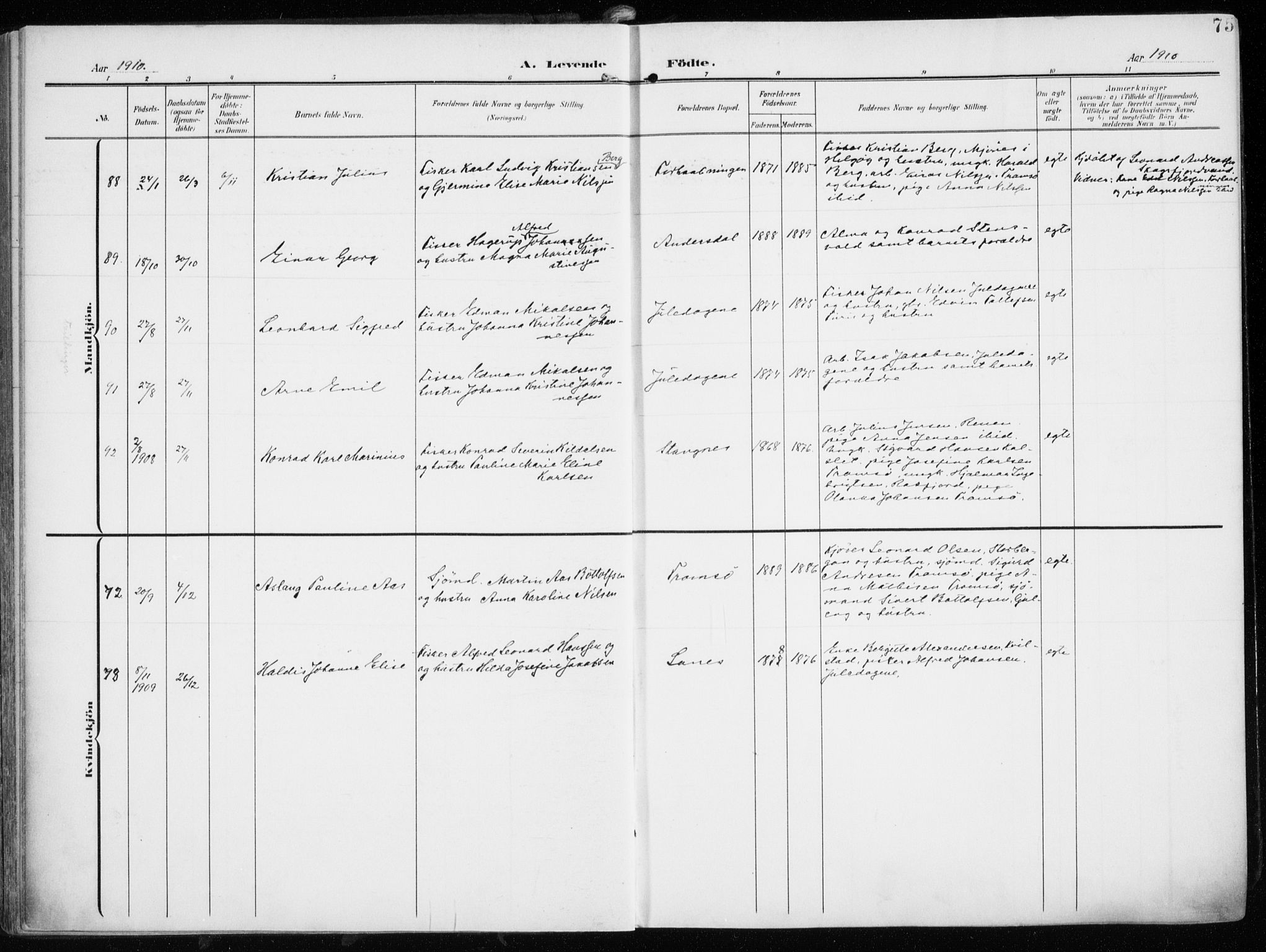 Tromsøysund sokneprestkontor, AV/SATØ-S-1304/G/Ga/L0007kirke: Parish register (official) no. 7, 1907-1914, p. 75