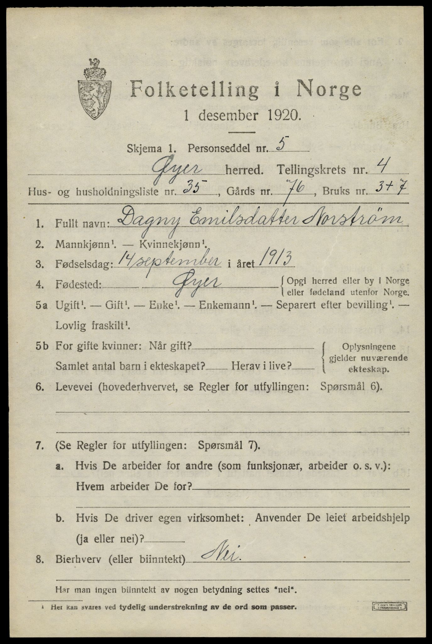 SAH, 1920 census for Øyer, 1920, p. 4259