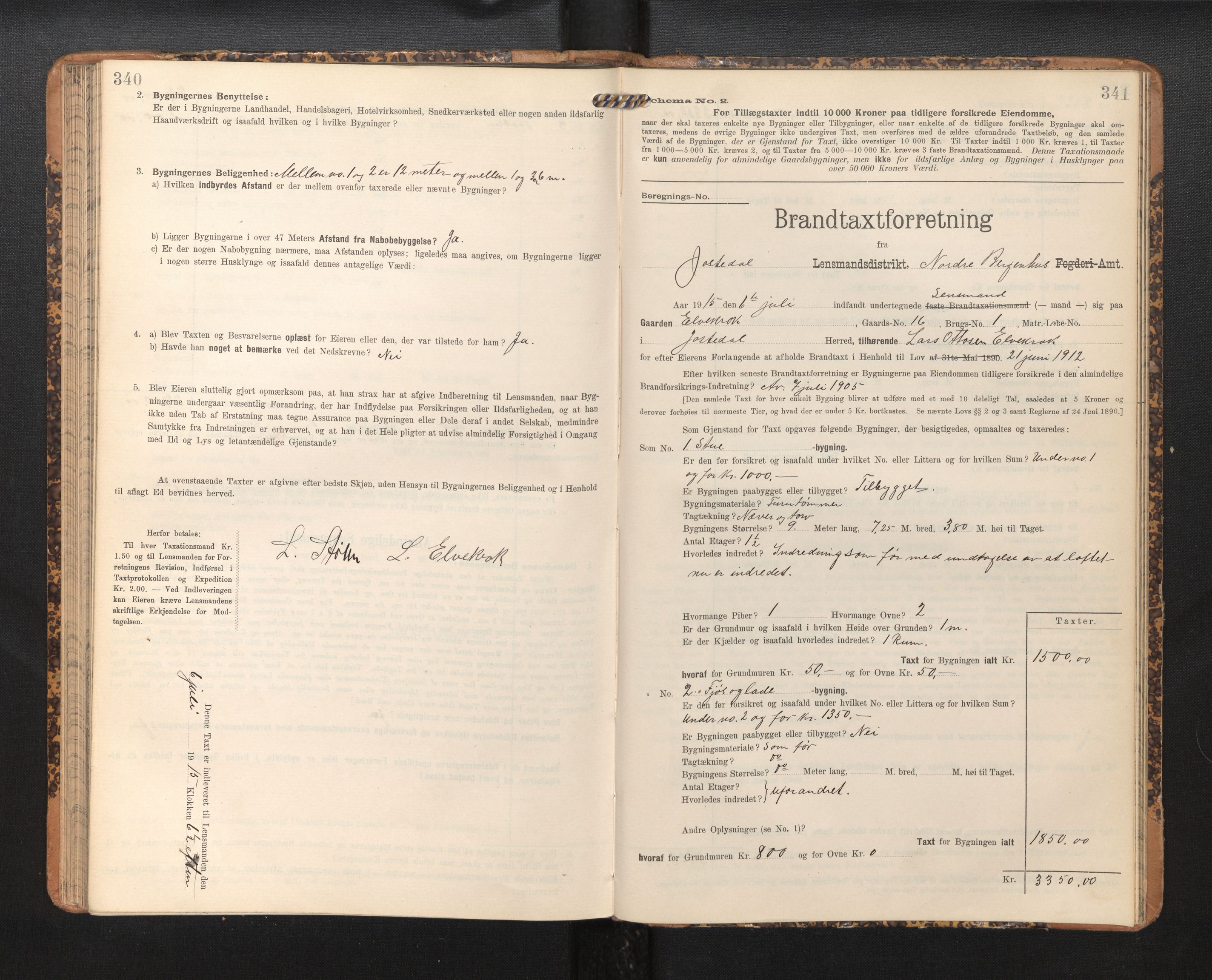 Lensmannen i Jostedal, SAB/A-28601/0012/L0004: Branntakstprotokoll, skjematakst, 1906-1919, p. 340-341