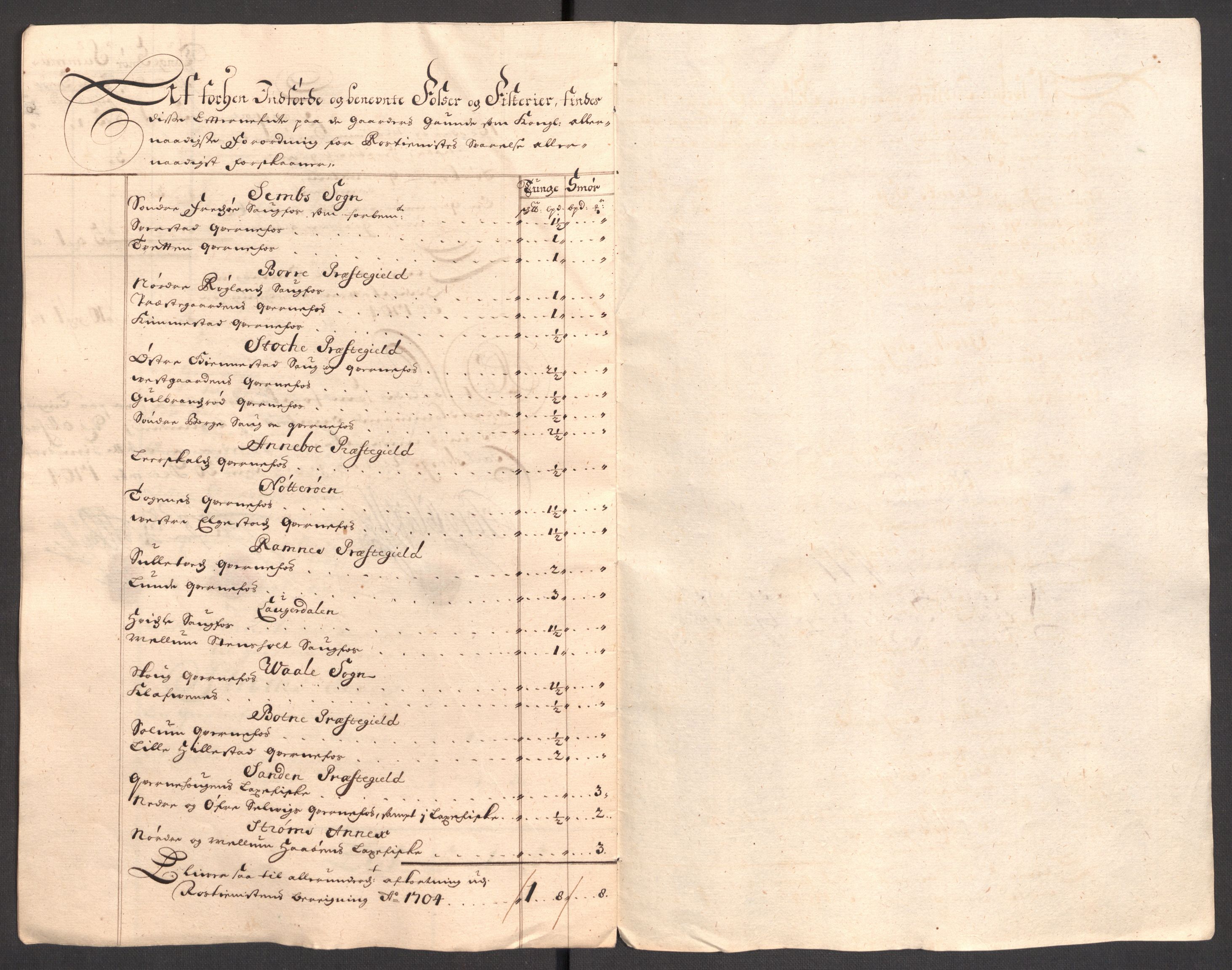 Rentekammeret inntil 1814, Reviderte regnskaper, Fogderegnskap, AV/RA-EA-4092/R32/L1871: Fogderegnskap Jarlsberg grevskap, 1703-1705, p. 346