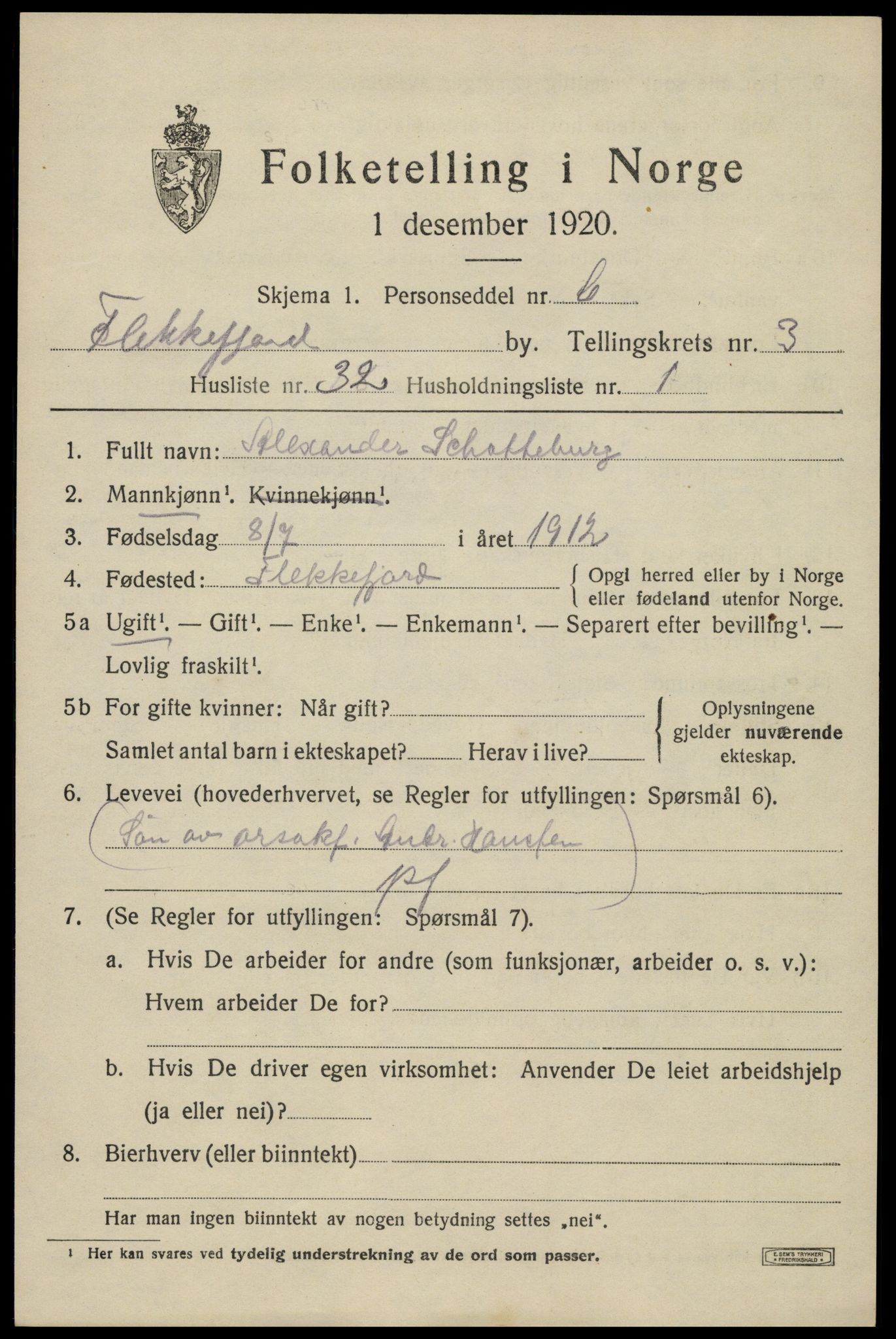 SAK, 1920 census for Flekkefjord, 1920, p. 3790