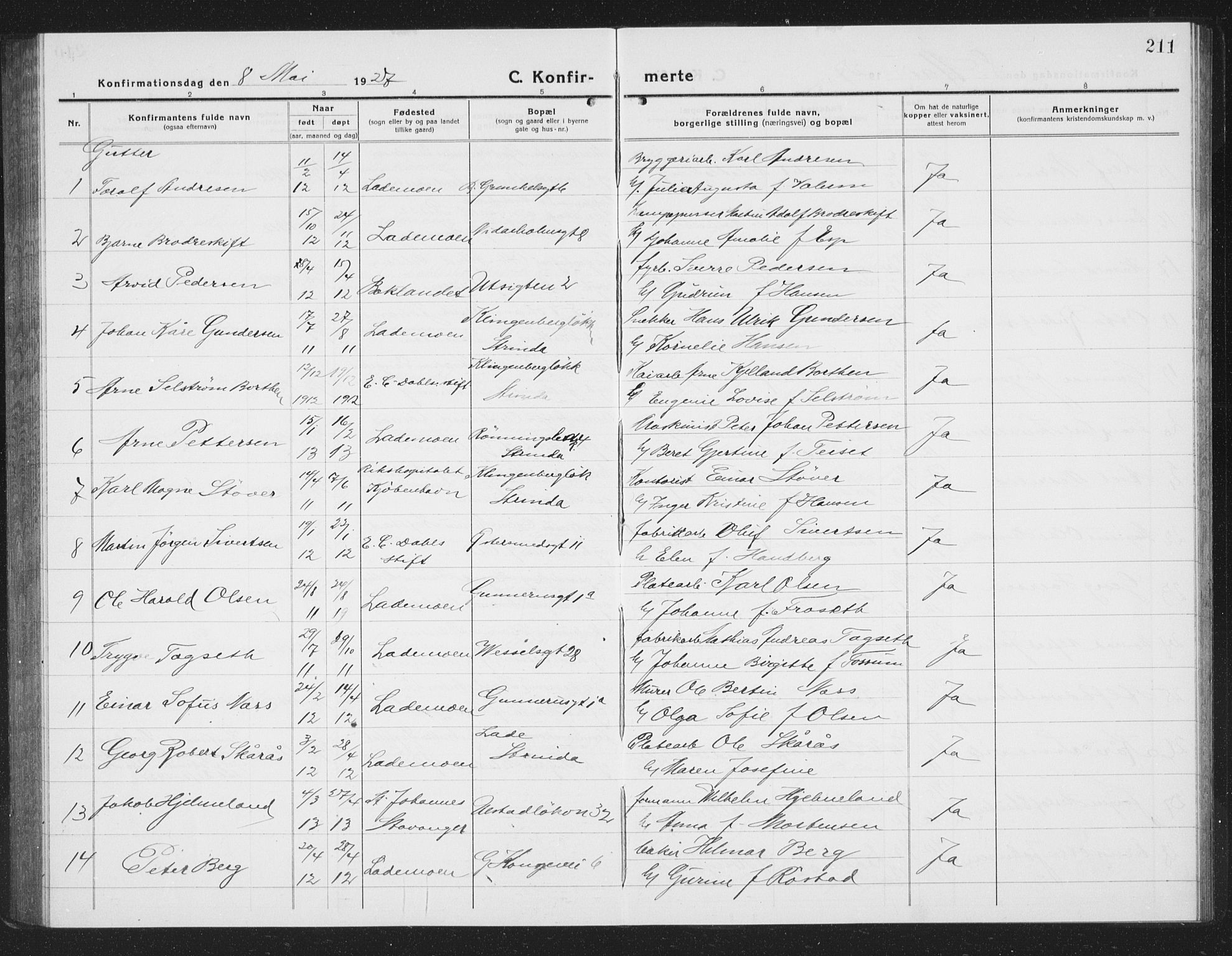 Ministerialprotokoller, klokkerbøker og fødselsregistre - Sør-Trøndelag, SAT/A-1456/605/L0258: Parish register (copy) no. 605C05, 1918-1930, p. 211