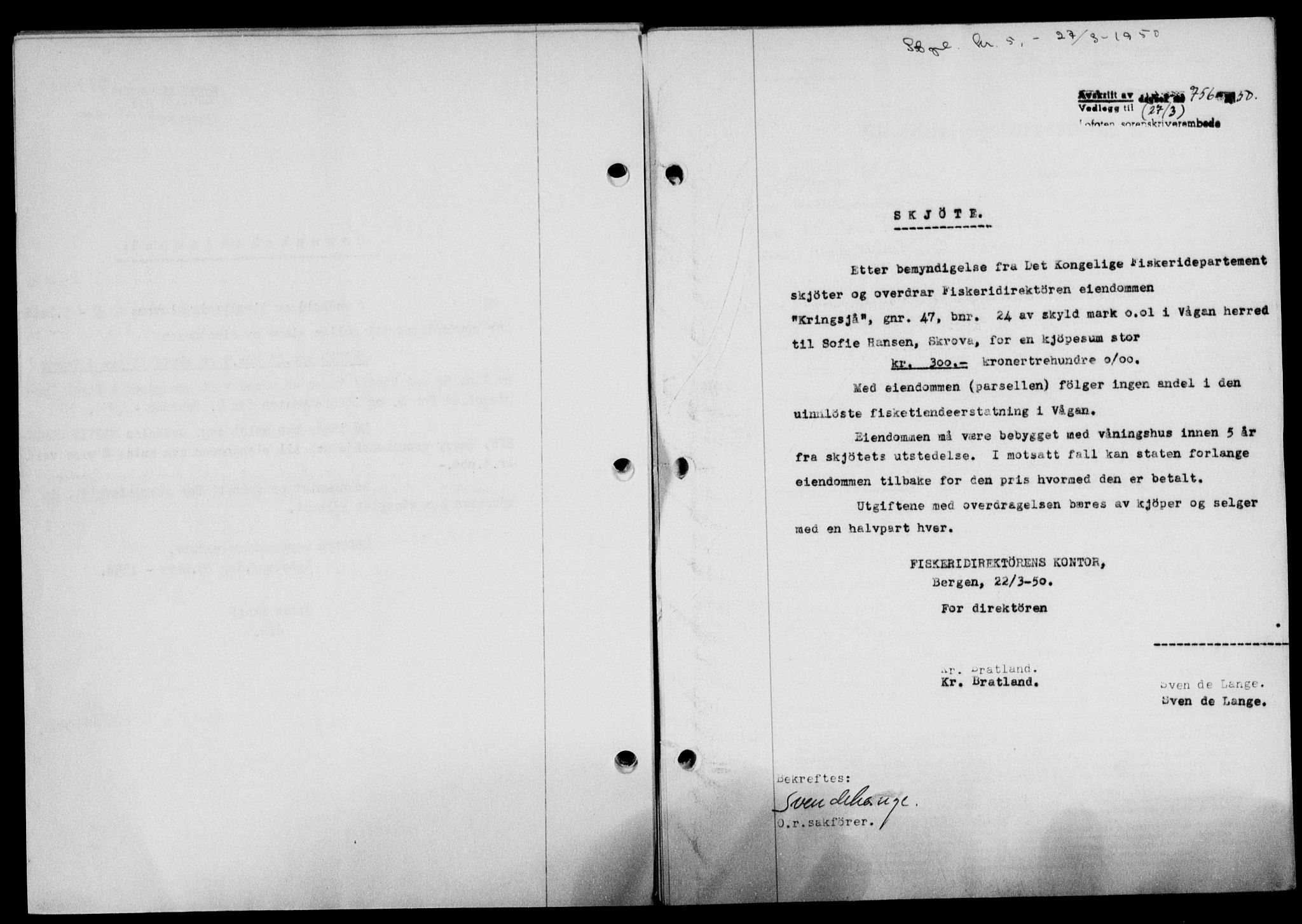 Lofoten sorenskriveri, SAT/A-0017/1/2/2C/L0023a: Mortgage book no. 23a, 1950-1950, Diary no: : 756/1950