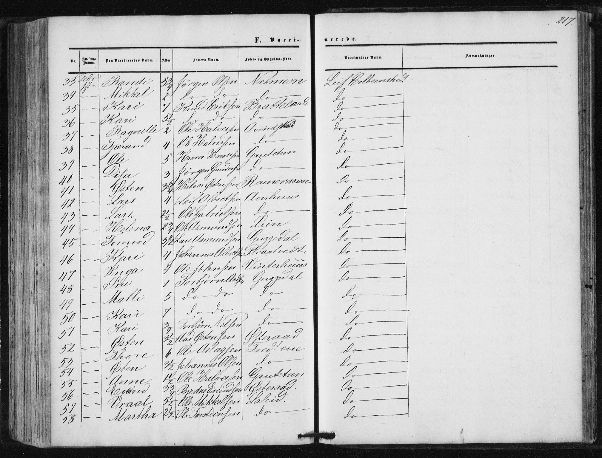 Suldal sokneprestkontor, AV/SAST-A-101845/01/IV/L0009: Parish register (official) no. A 9, 1854-1868, p. 217
