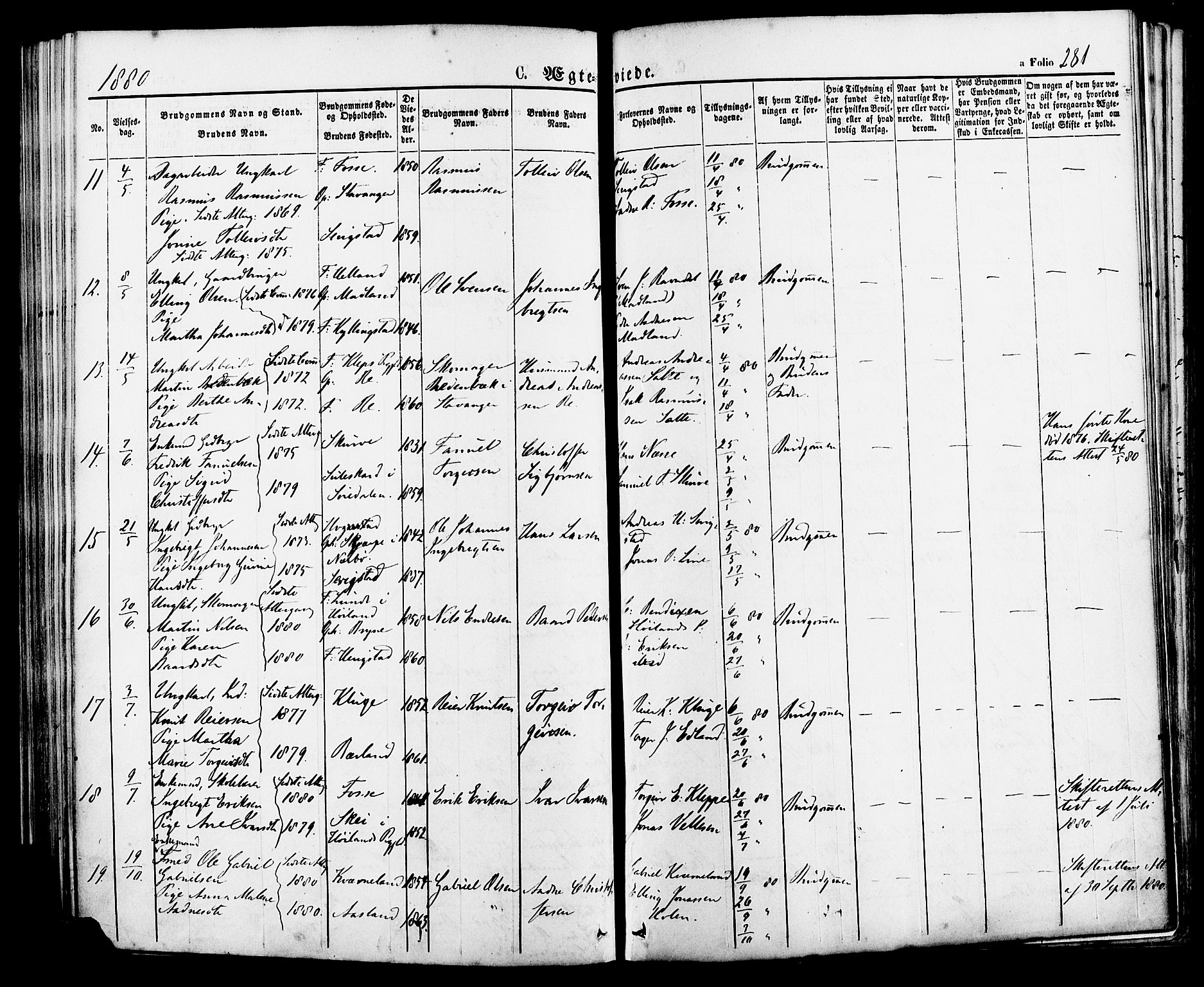 Lye sokneprestkontor, AV/SAST-A-101794/001/30BA/L0008: Parish register (official) no. A 7, 1872-1881, p. 281