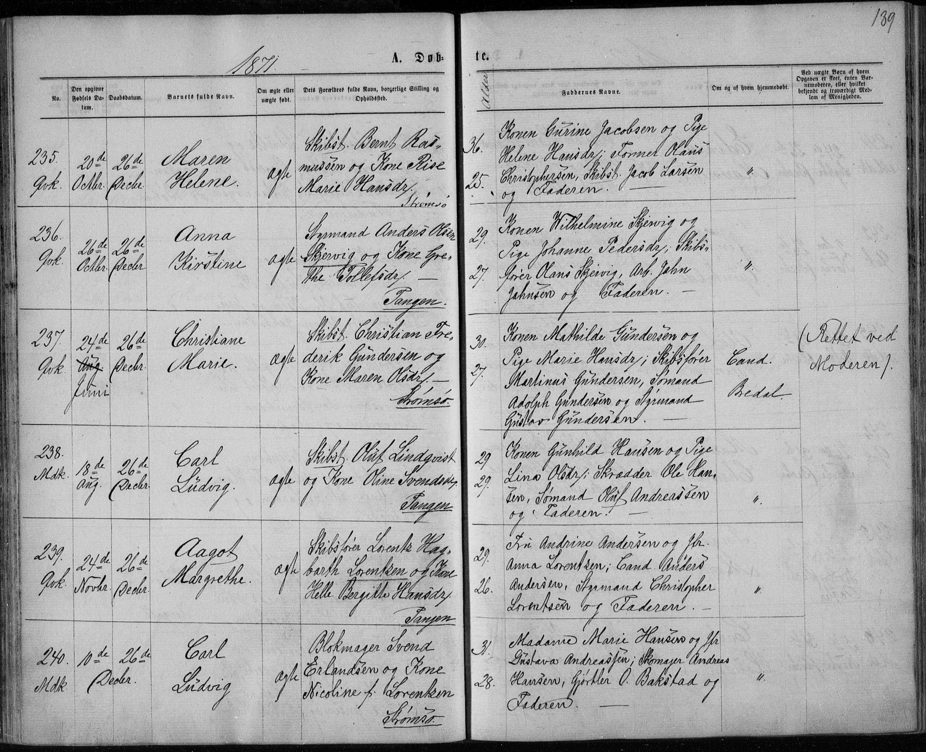 Strømsø kirkebøker, SAKO/A-246/F/Fa/L0016: Parish register (official) no. I 16, 1868-1873, p. 139