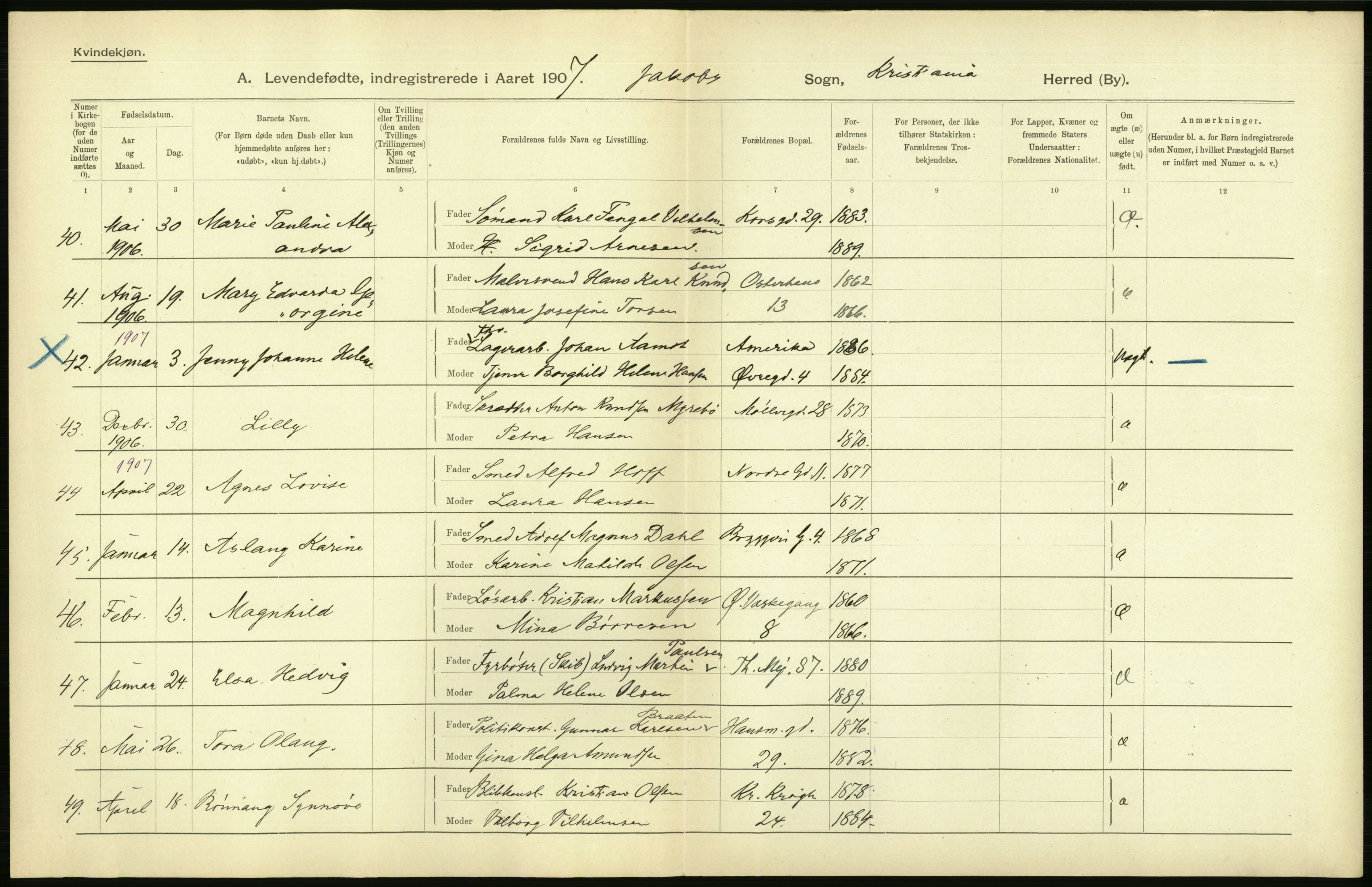 Statistisk sentralbyrå, Sosiodemografiske emner, Befolkning, AV/RA-S-2228/D/Df/Dfa/Dfae/L0007: Kristiania: Levendefødte menn og kvinner., 1907, p. 406