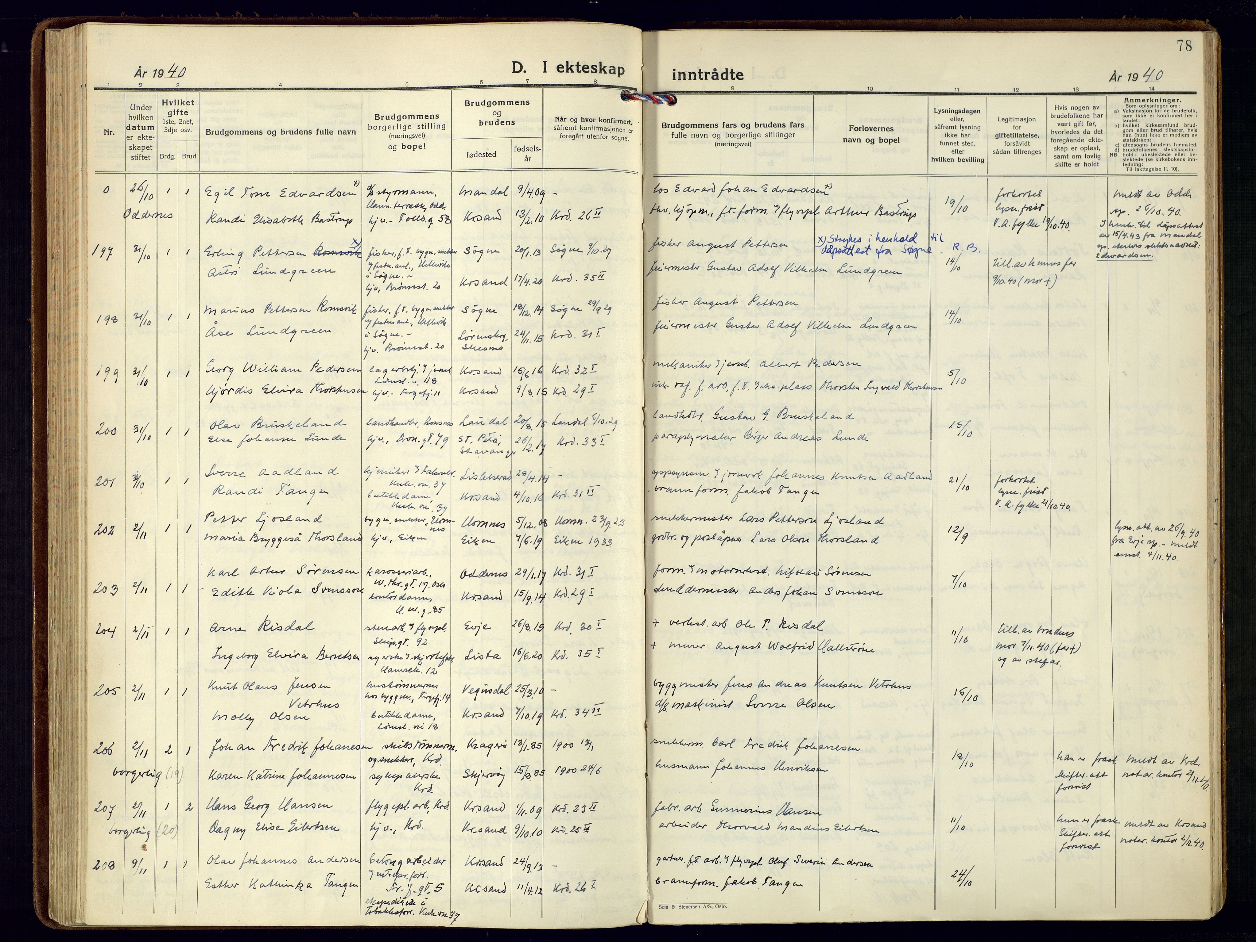 Kristiansand domprosti, AV/SAK-1112-0006/F/Fa/L0035: Parish register (official) no. A-34, 1936-1945, p. 78