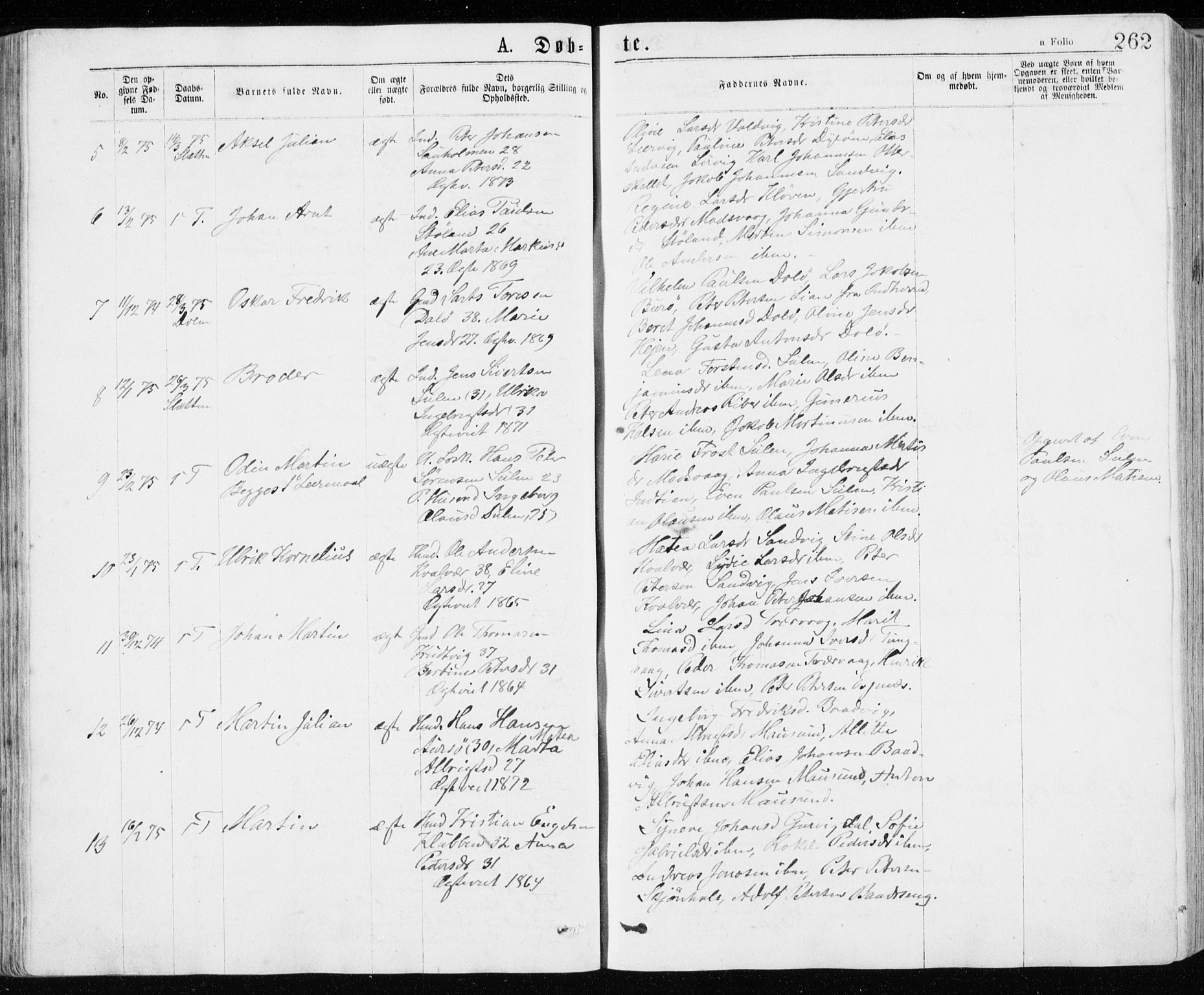 Ministerialprotokoller, klokkerbøker og fødselsregistre - Sør-Trøndelag, AV/SAT-A-1456/640/L0576: Parish register (official) no. 640A01, 1846-1876, p. 262