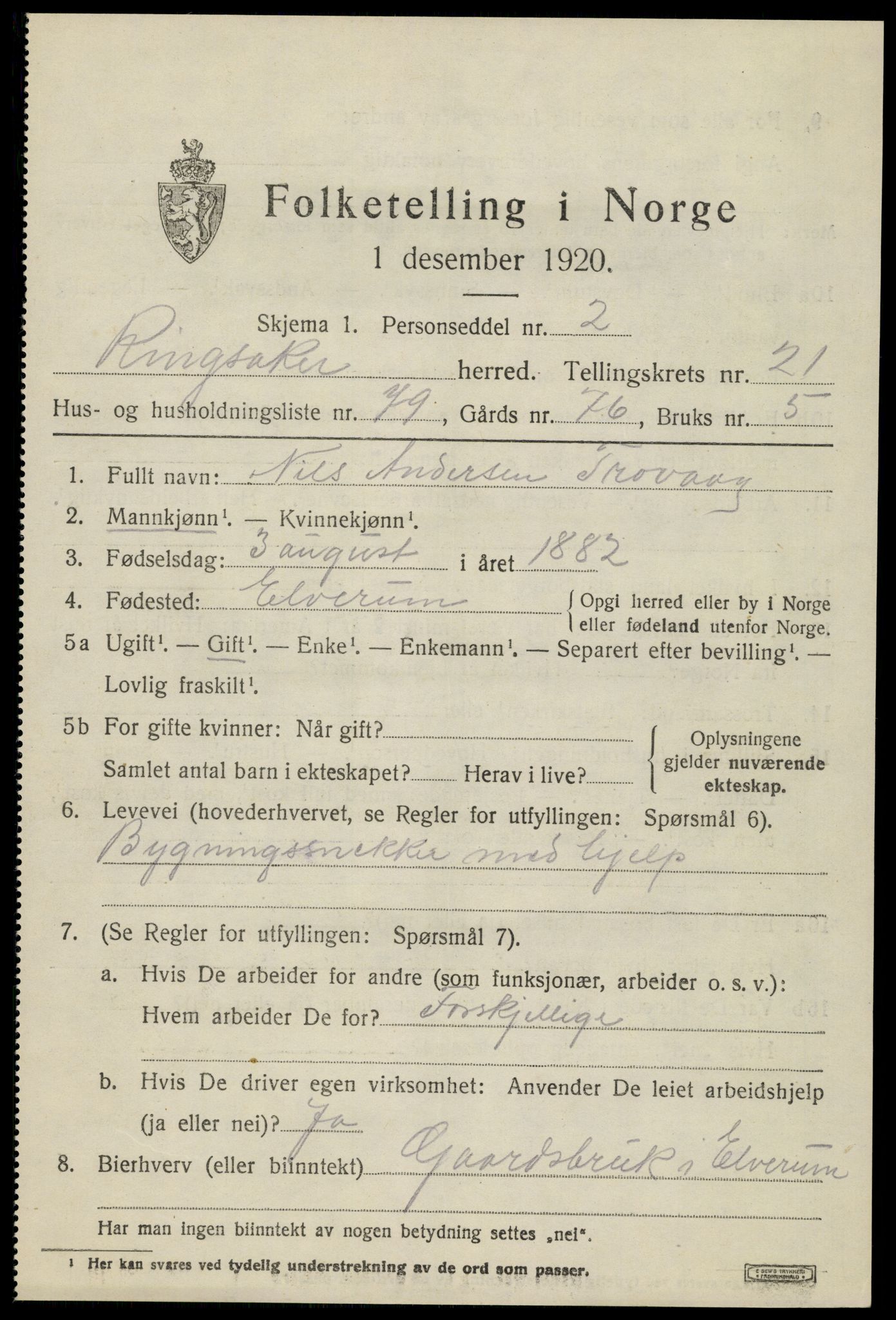 SAH, 1920 census for Ringsaker, 1920, p. 29412