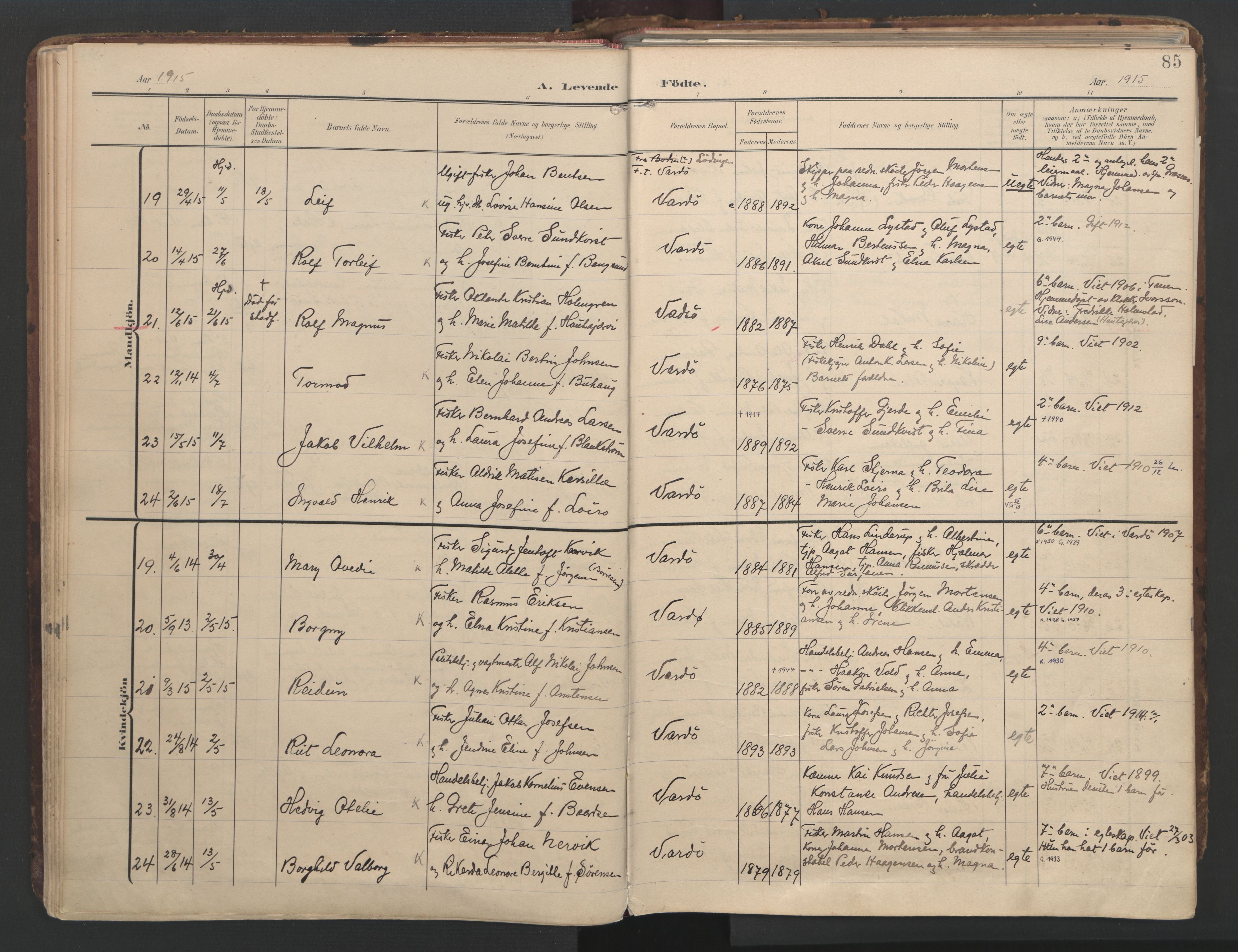 Vardø sokneprestkontor, AV/SATØ-S-1332/H/Ha/L0012kirke: Parish register (official) no. 12, 1907-1921, p. 85