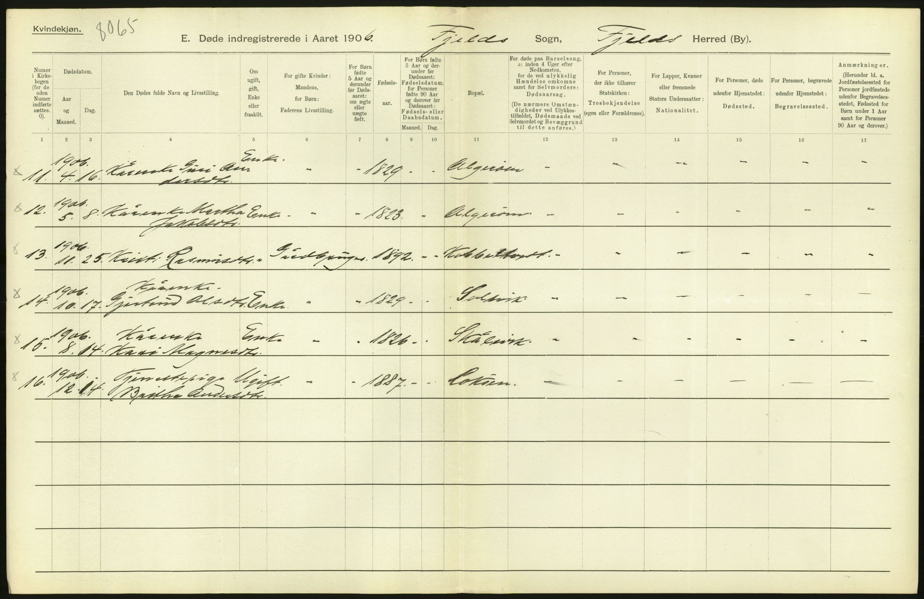 Statistisk sentralbyrå, Sosiodemografiske emner, Befolkning, AV/RA-S-2228/D/Df/Dfa/Dfad/L0030: S. Bergenhus amt: Døde. Bygder., 1906, p. 62